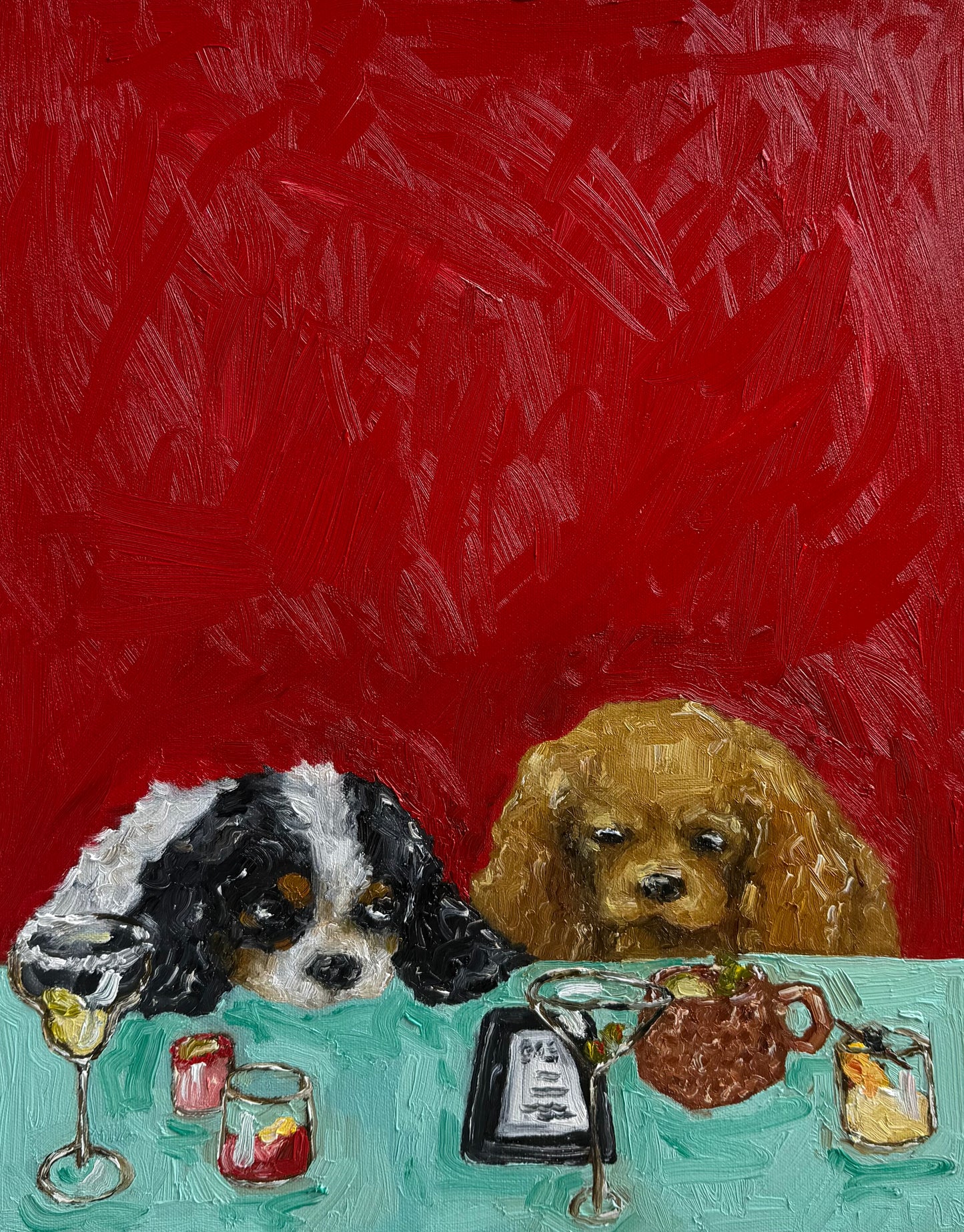Yappy Hour“ by Leah Boyd beautifully captures two dogs with forlorn expressions seated at a table set with empty glasses, a teapot, and a receipt, all against a richly textured red background. This original oil painting is an expressive, impressionistic canvas art piece that brings emotion and charm to any space.