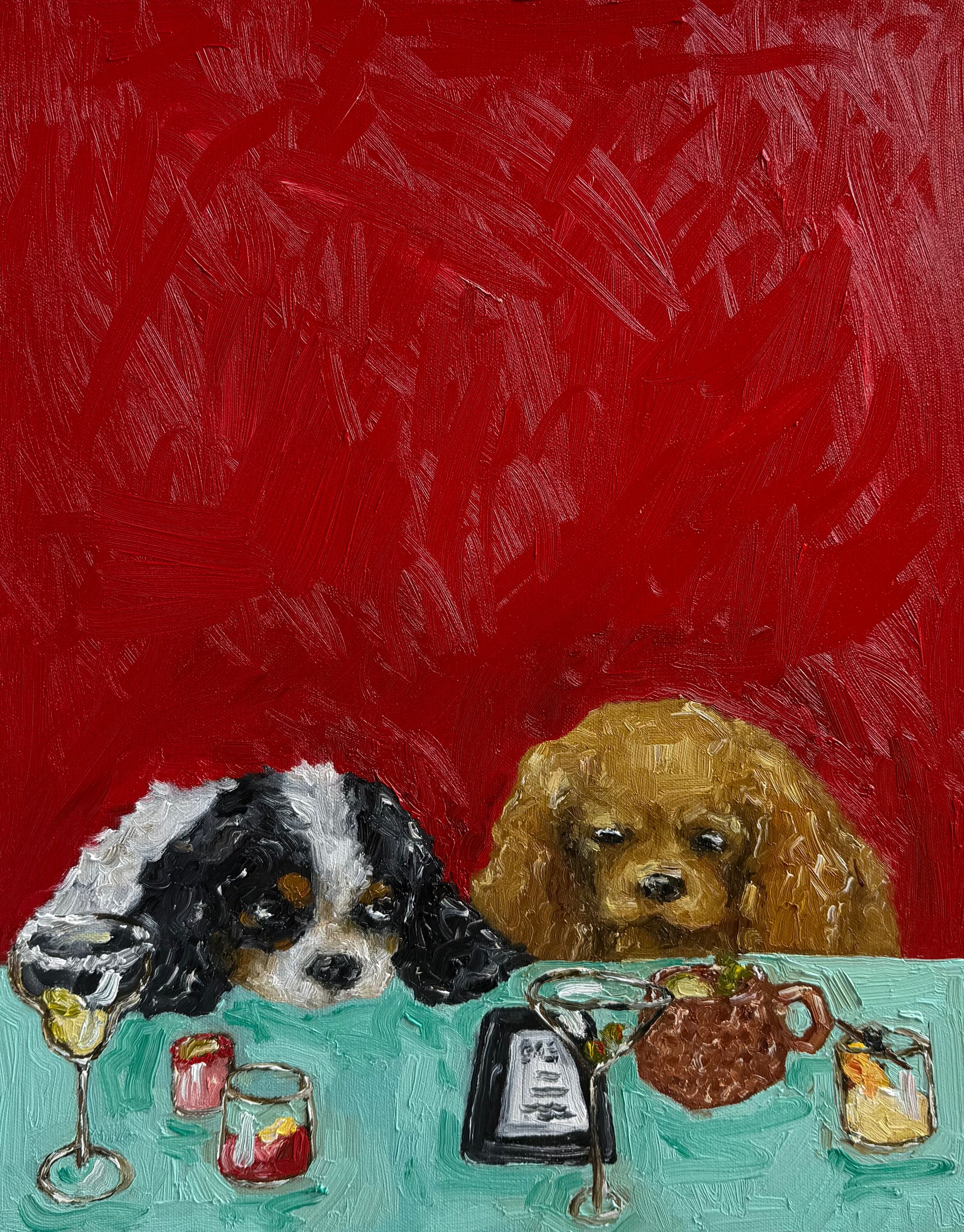 Yappy Hour“ by Leah Boyd beautifully captures two dogs with forlorn expressions seated at a table set with empty glasses, a teapot, and a receipt, all against a richly textured red background. This original oil painting is an expressive, impressionistic canvas art piece that brings emotion and charm to any space.