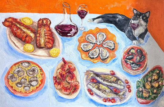 Feast of the Seven Fishes" by Leah Boyd is an original oil painting depicting a lavish table with oysters, lobster tails, shrimp, fish, mussels, salad, wine, and a relaxed cat at the edge.