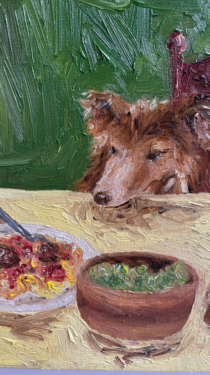 Sheltie & Spaghetti" by Leah Boyd is an original oil painting showing a brown dog peeking over a wooden table with bowls of pasta and greens, set against a green background.