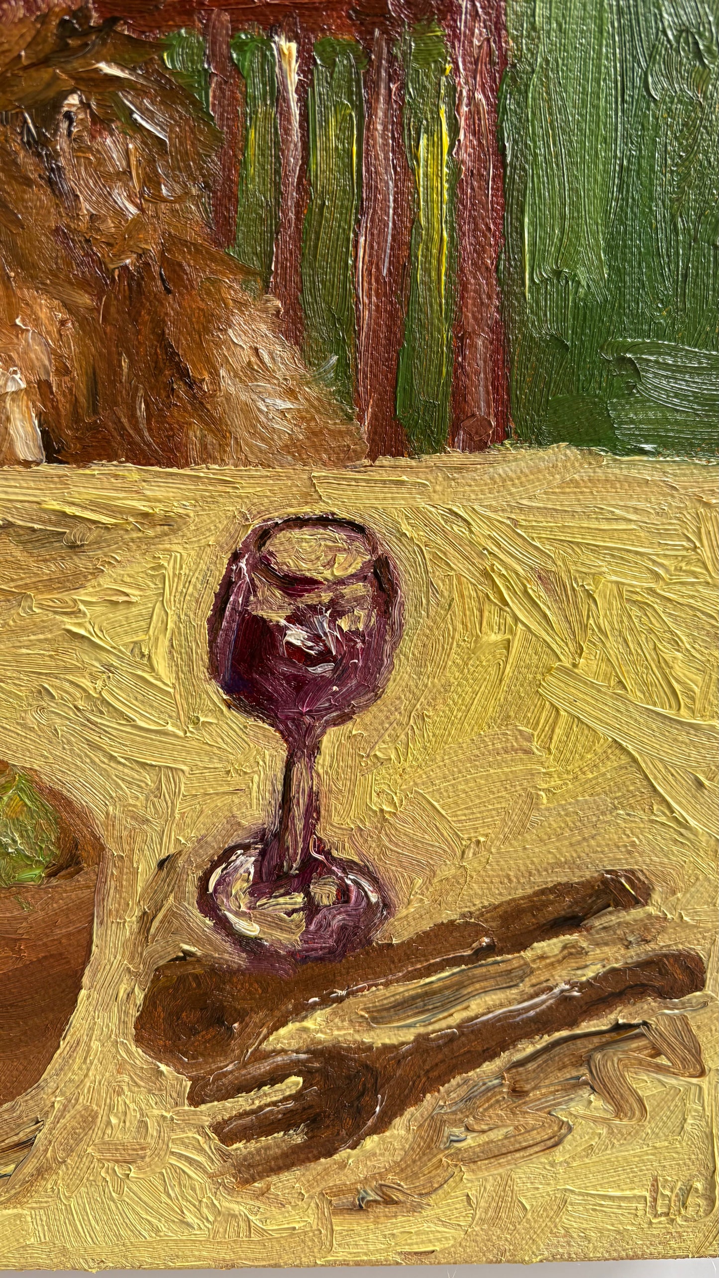 Sheltie & Spaghetti" by Leah Boyd is an original impressionist oil painting featuring a glass of red wine on a yellow table, textured brushstrokes, and rich colors, with shadowy objects in the foreground.