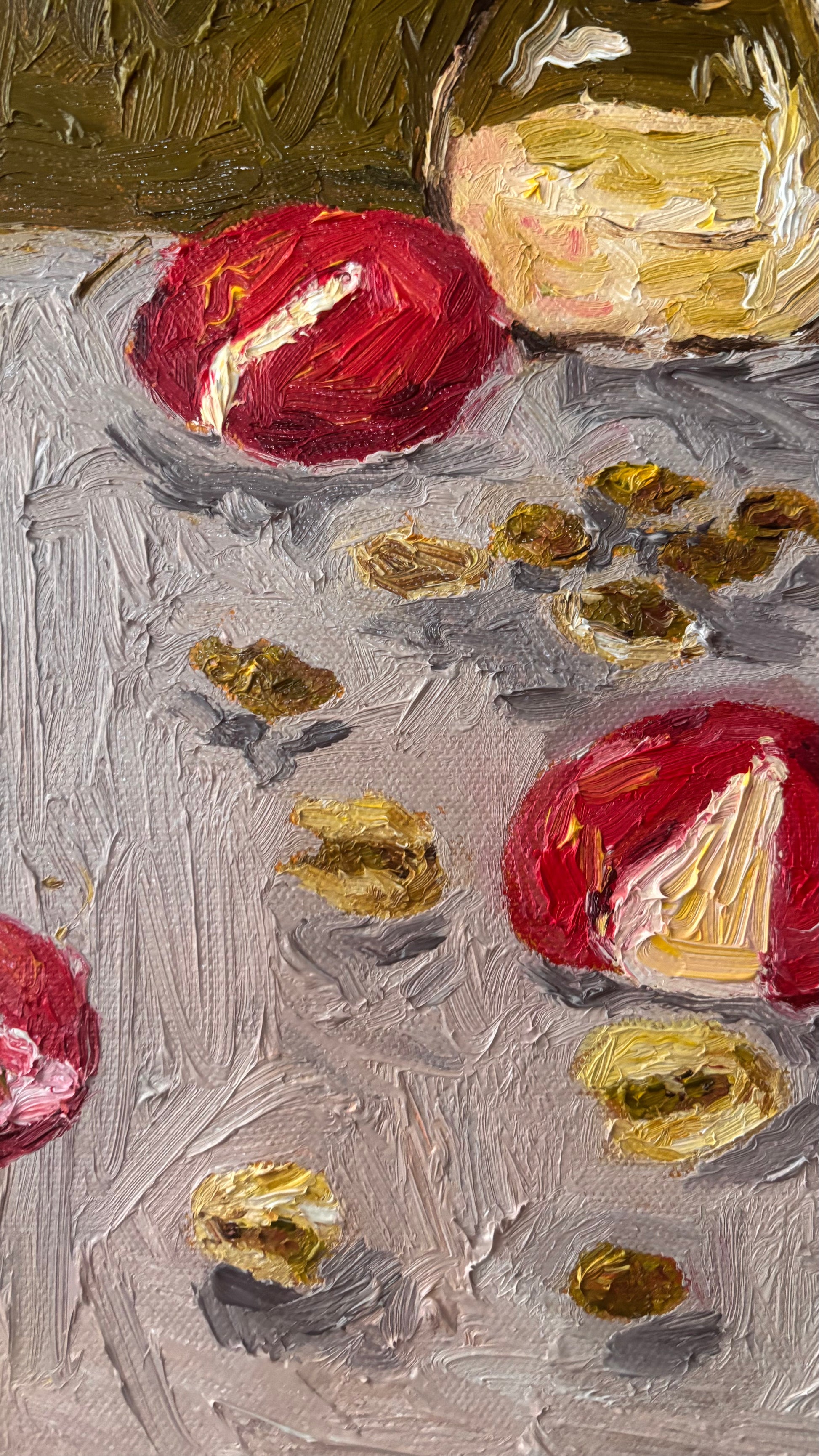Memories of My Mother" by Leah Boyd is a signed original oil painting on canvas, featuring two whole red radishes, one sliced radish, yellow-green fragments, and a yellow object on a textured gray background.