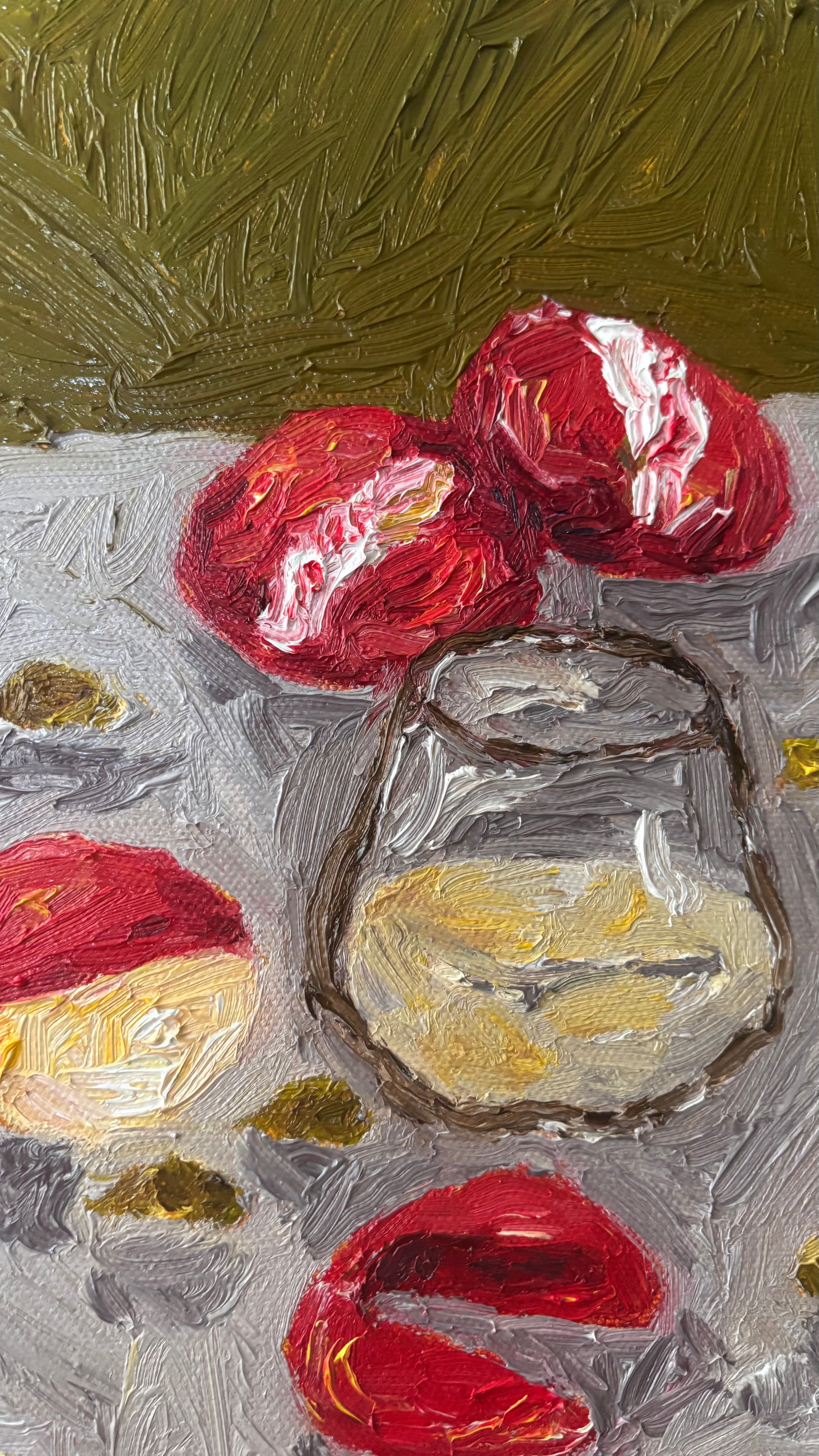 Memories of My Mother" by Leah Boyd is a signed original oil painting depicting red and white round fruits, a sliced fruit, and a glass with yellow liquid on textured gray, set against an expressive green background.