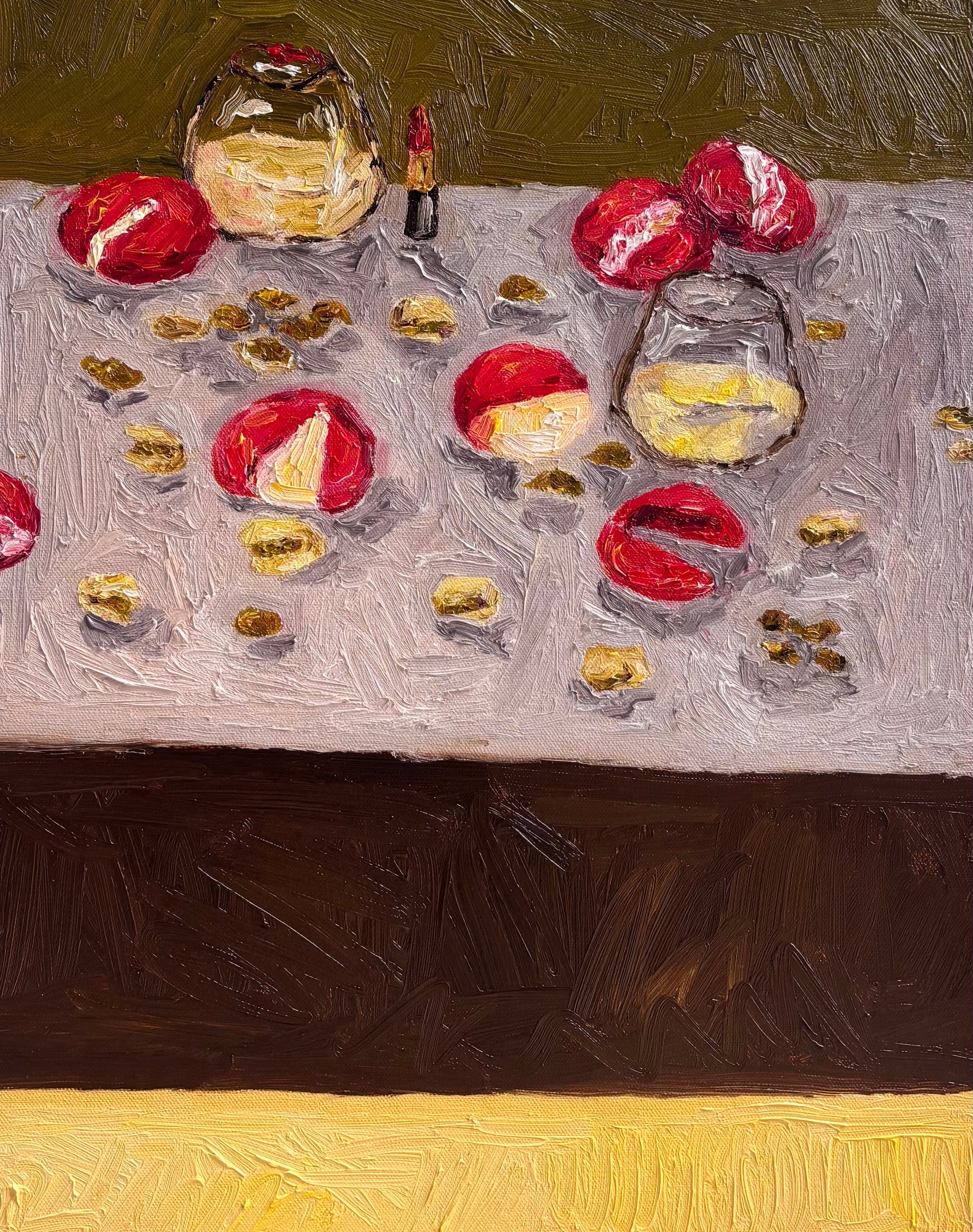 Memories of My Mother" by Leah Boyd is a textured original oil painting depicting a table with red apples, walnut pieces, two glasses (one empty, one with white wine), and a red lipstick on light cloth with a green and brown background.