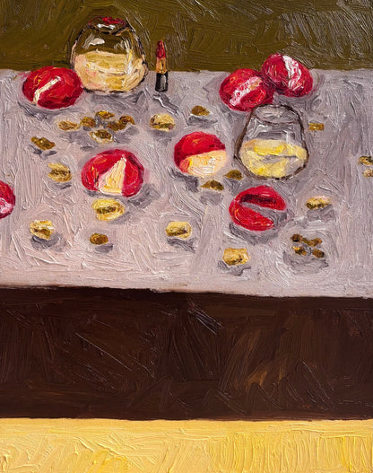 Memories of My Mother" by Leah Boyd is a textured original oil painting depicting a table with red apples, walnut pieces, two glasses (one empty, one with white wine), and a red lipstick on light cloth with a green and brown background.