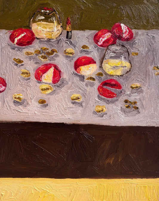 Memories of My Mother" by Leah Boyd is a textured original oil painting depicting a table with red apples, walnut pieces, two glasses (one empty, one with white wine), and a red lipstick on light cloth with a green and brown background.