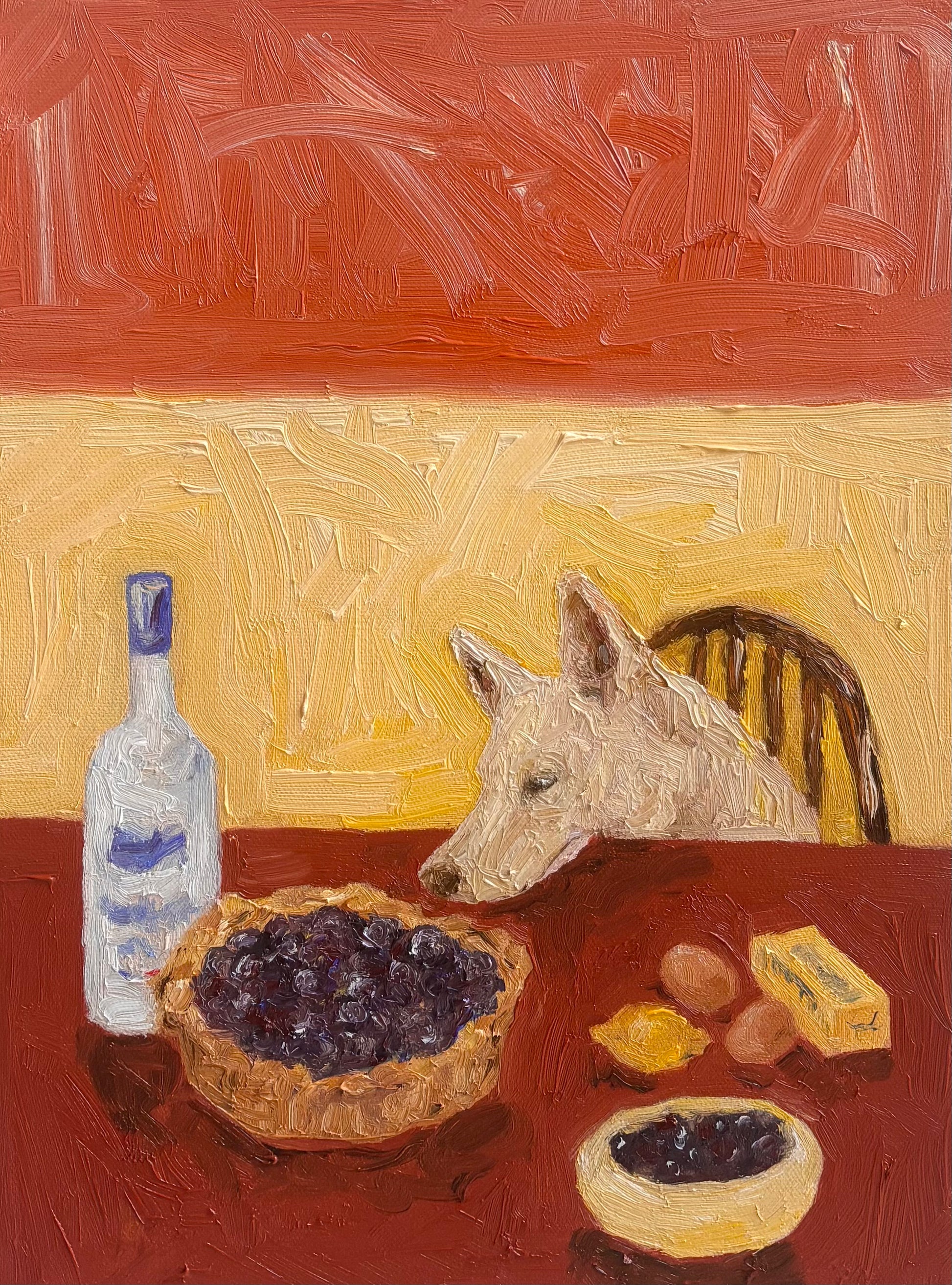 The Key to Pie Crust is Vodka" by Leah Boyd is an original oil painting on ready-to-hang canvas, featuring a curious dog eyeing a pie, bottle, eggs, butter, and fruit bowl over a table.