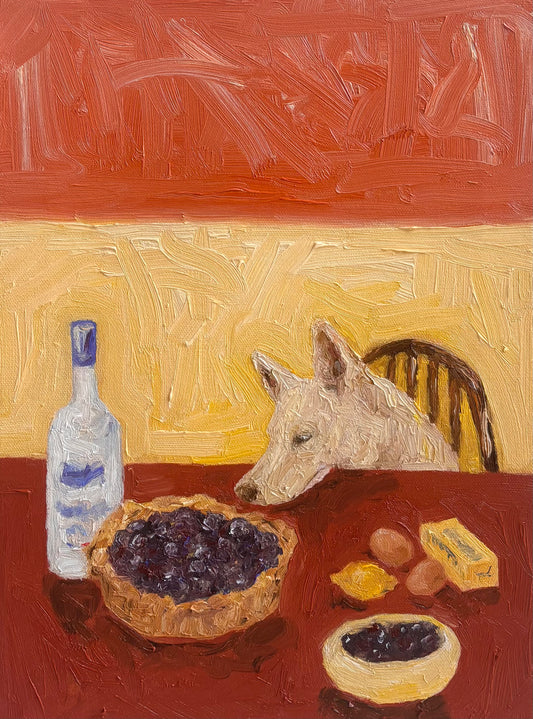 The Key to Pie Crust is Vodka" by Leah Boyd is an original oil painting on ready-to-hang canvas, featuring a curious dog eyeing a pie, bottle, eggs, butter, and fruit bowl over a table.