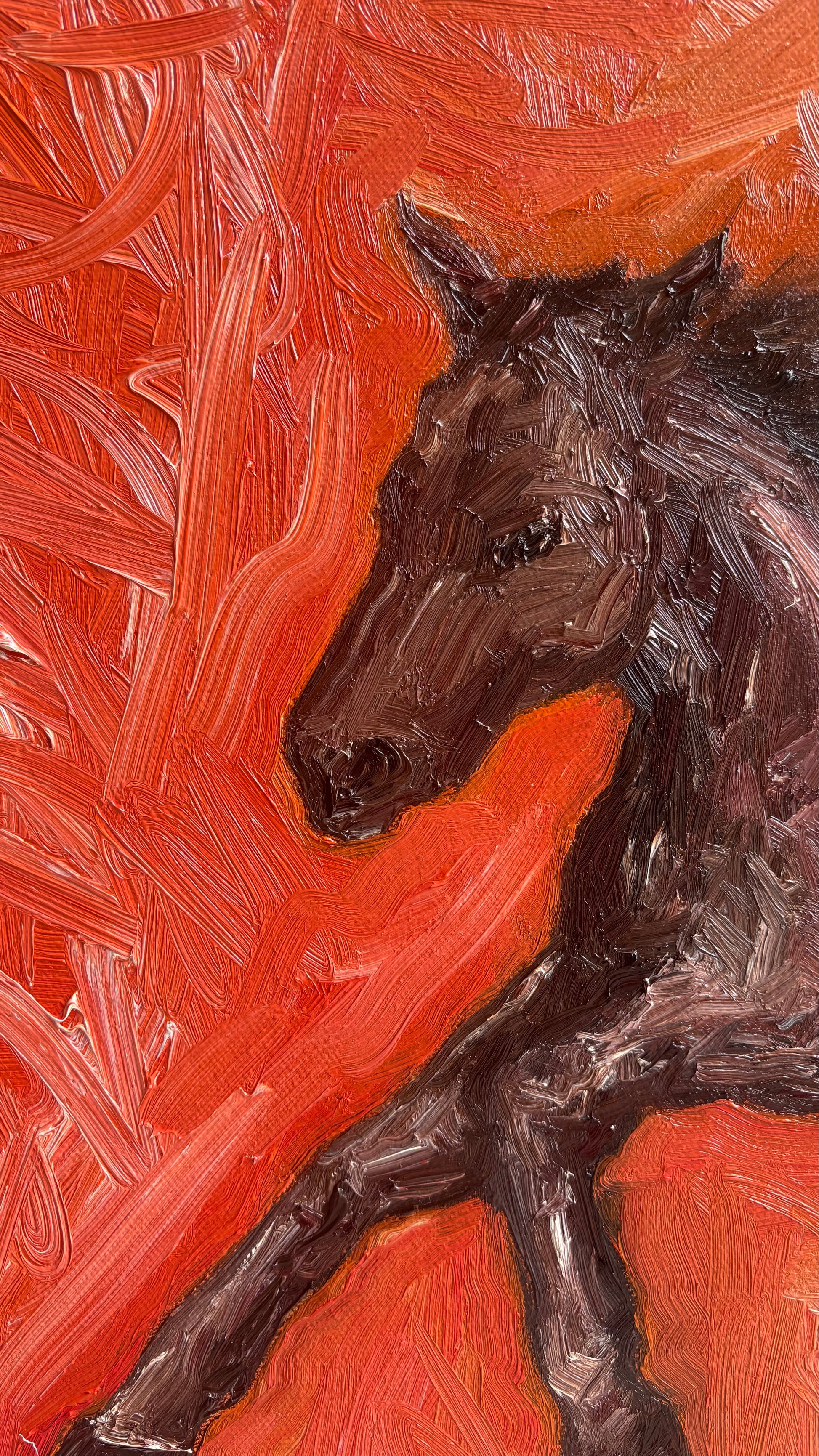 Year of the Horse" by Leah Boyd is an original oil painting capturing a horse in motion, with bold brown and black strokes set against a vibrant red-orange background, expressing dynamic Year of the Horse energy.