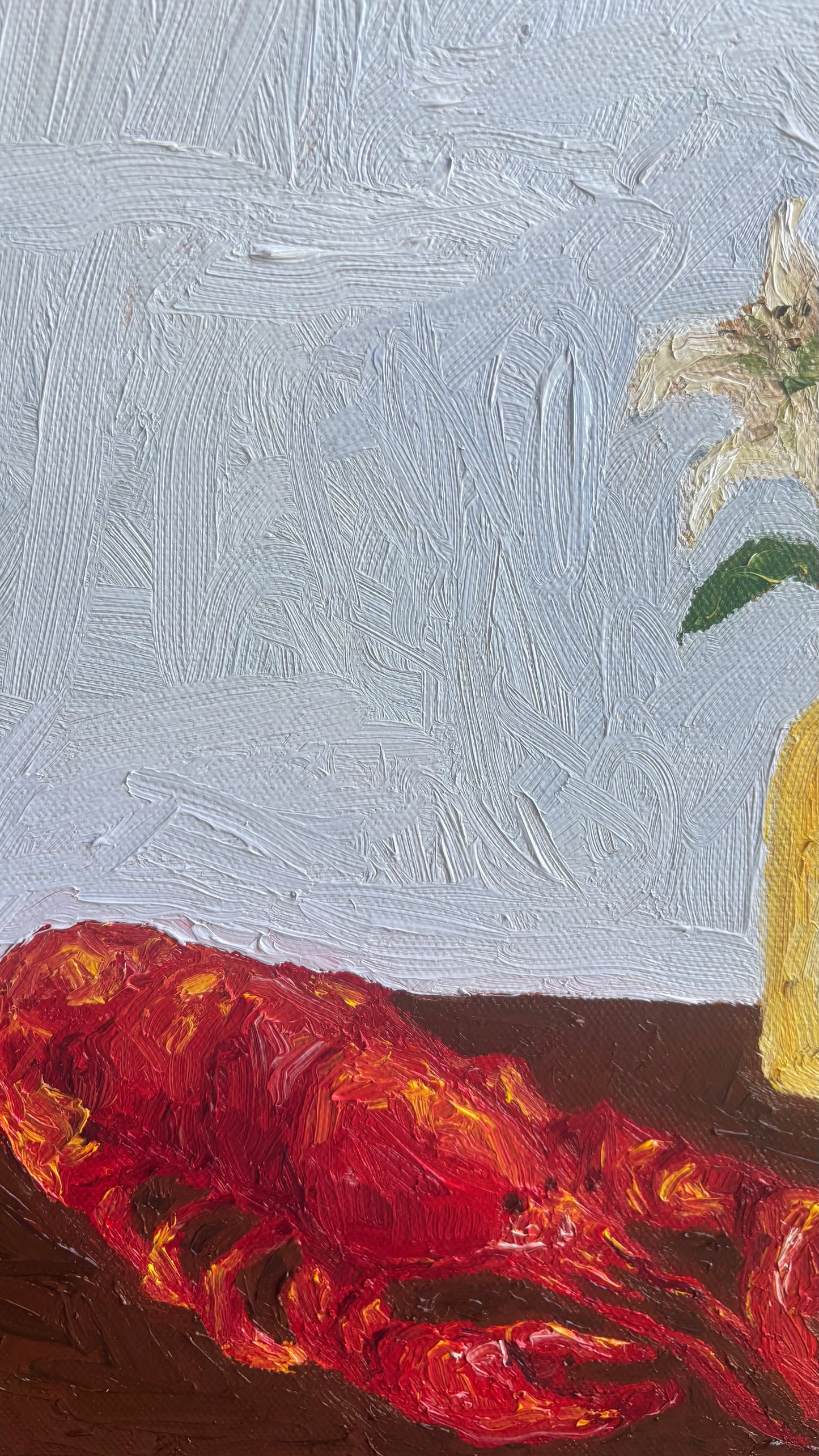 Leah Boyd’s original oil painting, 'Til Death Do Us Part or Consider the Lobster, features a red lobster on a brown table with a yellow vase and white flower on a textured background. Signed canvas art, ready to hang.