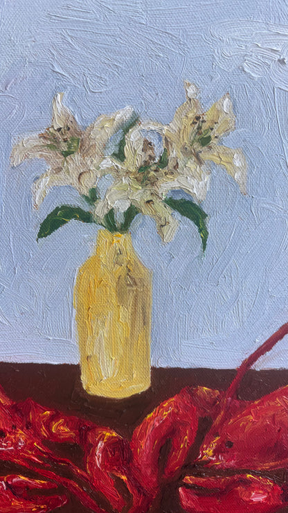 Leah Boyd’s 'Til Death Do Us Part or Consider the Lobster is an original, signed oil painting of white lilies in a yellow vase on dark red cloth with a light blue textured background—ready to hang canvas art.