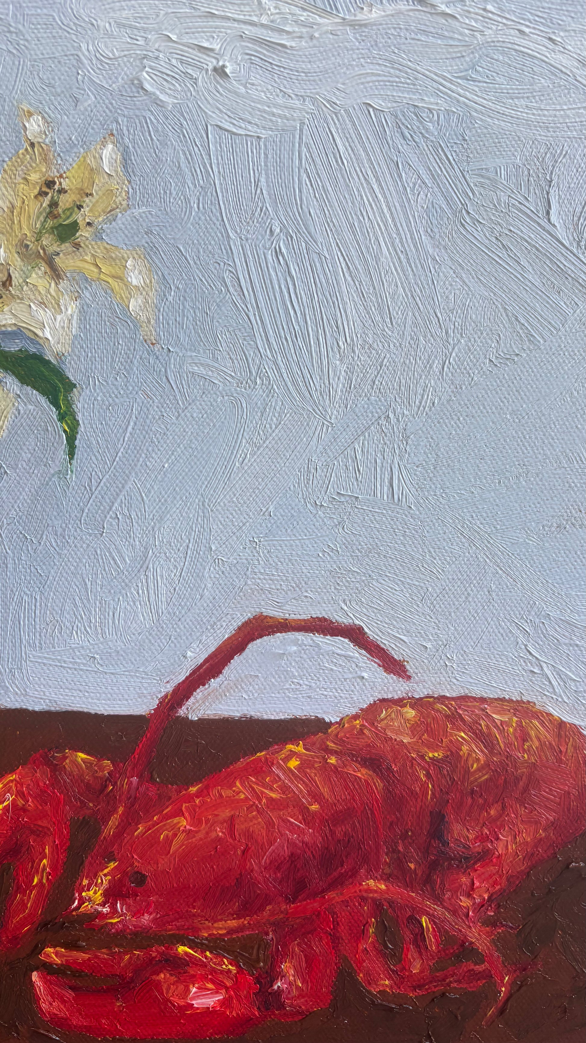 A close-up of 'Til Death Do Us Part or Consider the Lobster by Leah Boyd shows a red lobster on a brown surface with a white flower and green leaves against a pale blue background—ready to hang wall art.