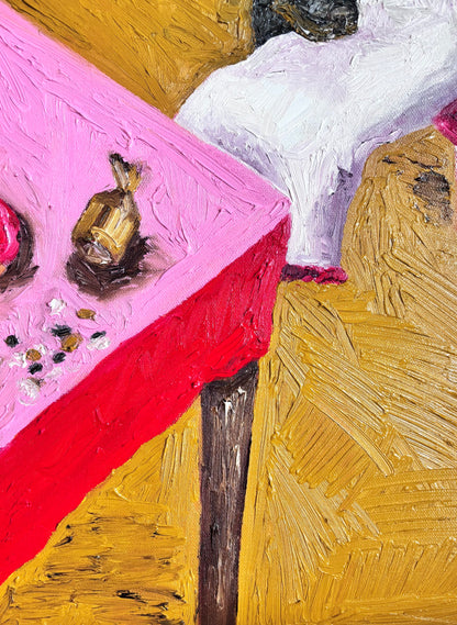 A close-up of "After the Party" by Leah Boyd shows a pink table with a red tablecloth, small objects, and part of a white dog on a textured yellow floor. Thick brushstrokes emphasize the expressive style of this original oil painting.