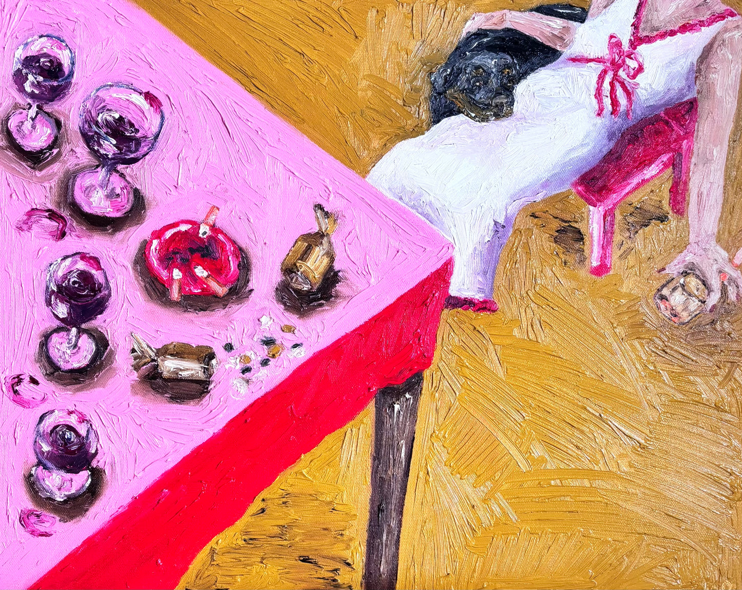 After the Party" by Leah Boyd is an original oil painting featuring a figure in white with red accents beside a pink table set with wine glasses, candies, and cigarettes. Expressive brushstrokes and an overhead view bring this canvas art to life.
