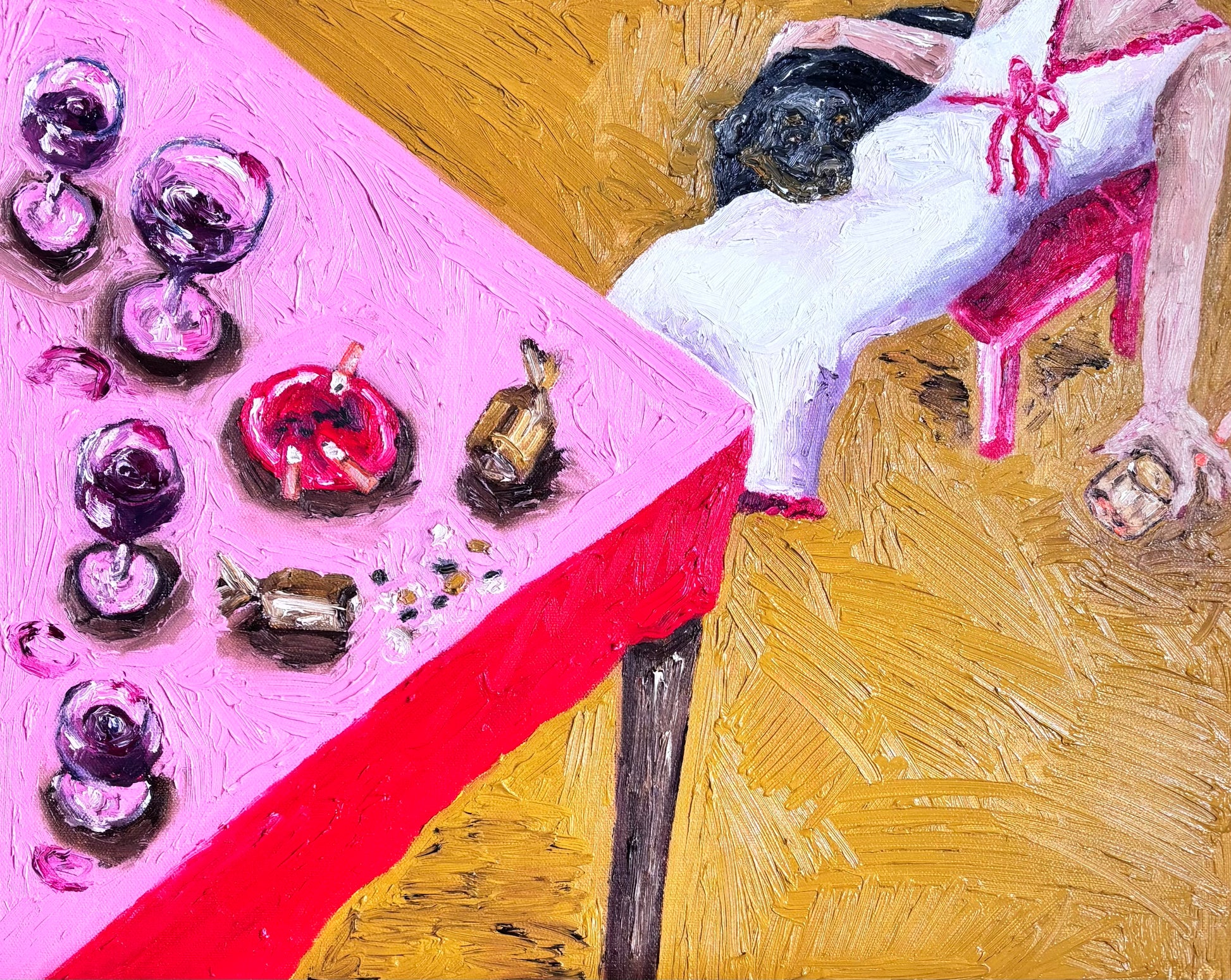 After the Party" by Leah Boyd is an original oil painting featuring a figure in white with red accents beside a pink table set with wine glasses, candies, and cigarettes. Expressive brushstrokes and an overhead view bring this canvas art to life.