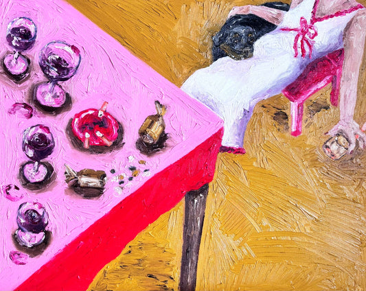 After the Party" by Leah Boyd is an original oil painting featuring a figure in white with red accents beside a pink table set with wine glasses, candies, and cigarettes. Expressive brushstrokes and an overhead view bring this canvas art to life.