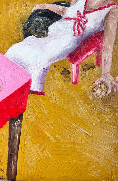 After the Party" by Leah Boyd is a vibrant oil painting featuring a person in a white dress with a red bow, seated on a red chair. One arm rests on a pink table, while the other holds a round object, set against bold yellow brushstrokes.