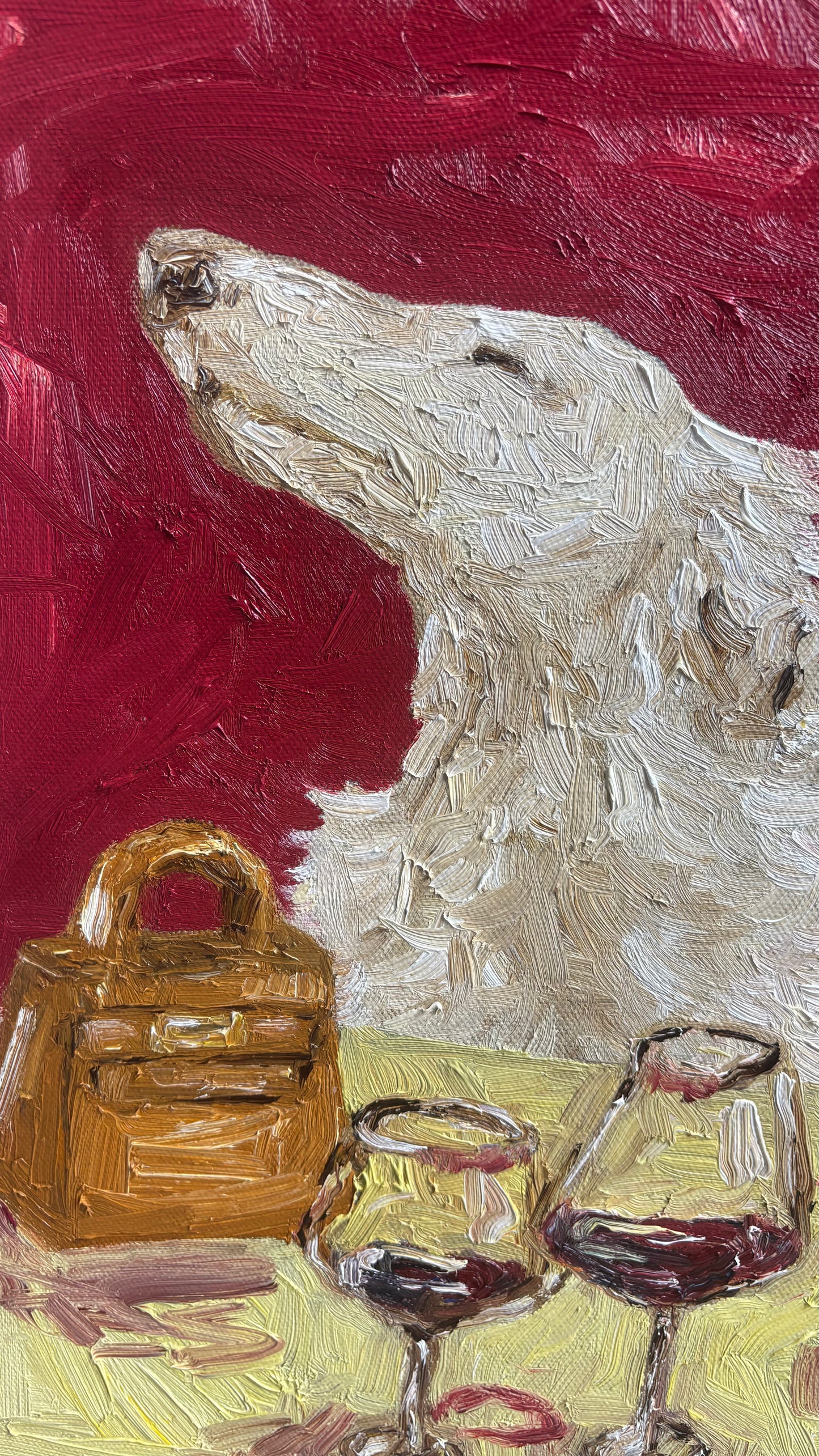As If" by Leah Boyd is an original oil painting featuring a polar bear looking upward on a red background, with an orange handbag and two glasses of red wine on a yellow surface. Includes certificate of authenticity.