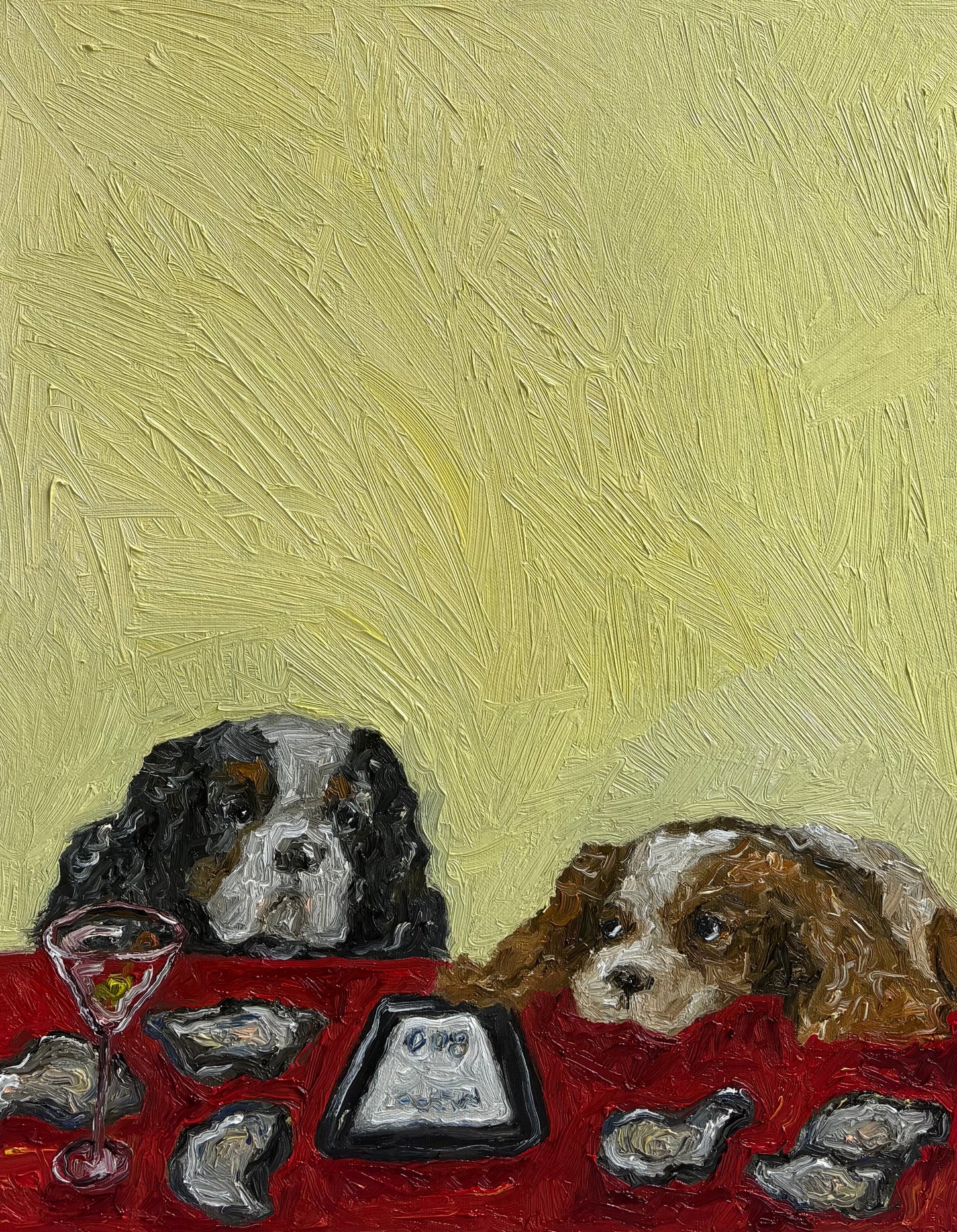 The Oysters, in Fact, Were Not $1 by Leah Boyd features two sad dogs at a red table with oyster shells, a pink drink, and a check on a yellow background—an expressive, whimsical oil painting on canvas.