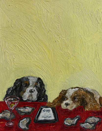 The Oysters, in Fact, Were Not $1 by Leah Boyd features two sad dogs at a red table with oyster shells, a pink drink, and a check on a yellow background—an expressive, whimsical oil painting on canvas.