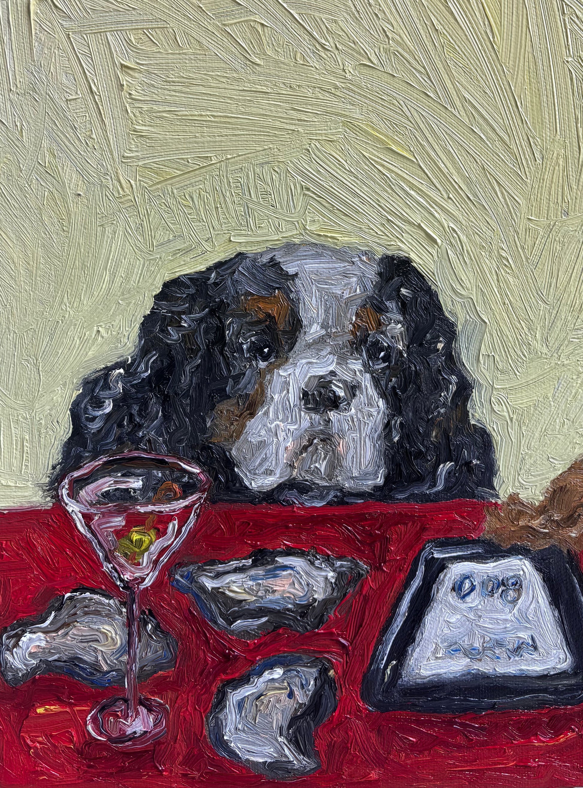 “The Oysters, in Fact, Were Not $1” by Leah Boyd is a textured original oil painting featuring a calm dog at a red table with oysters, cocktail, and tray on light yellow tones—a charming signed canvas art for any space.