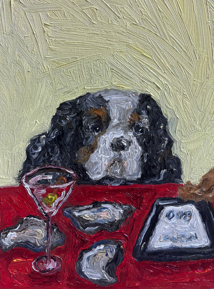 “The Oysters, in Fact, Were Not $1” by Leah Boyd is a textured original oil painting featuring a calm dog at a red table with oysters, cocktail, and tray on light yellow tones—a charming signed canvas art for any space.