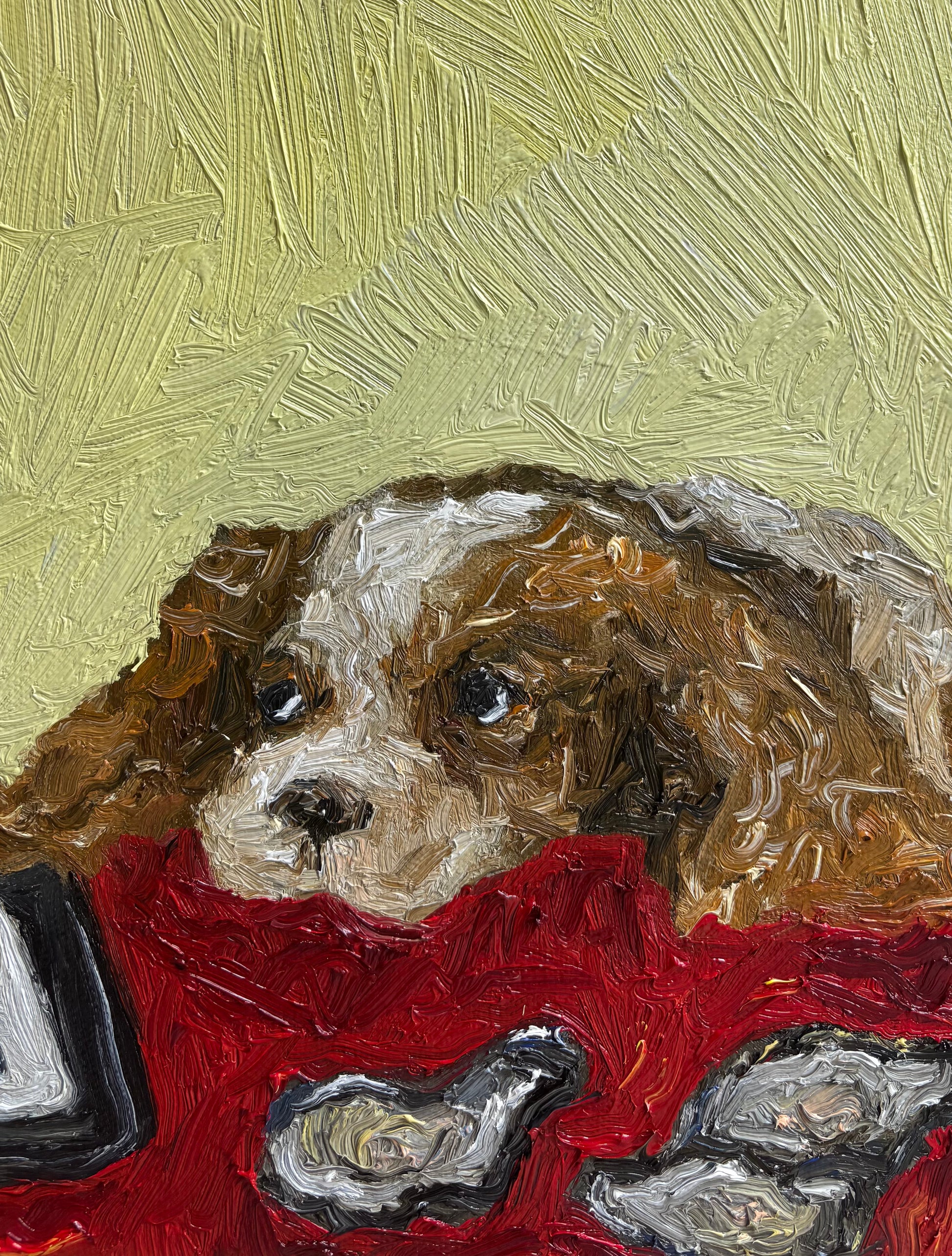 The Oysters, in Fact, Were Not $1 by Leah Boyd is a charming signed original oil painting of a brown and white dog resting on a red blanket with textured yellow and green background—perfect canvas art for any space.
