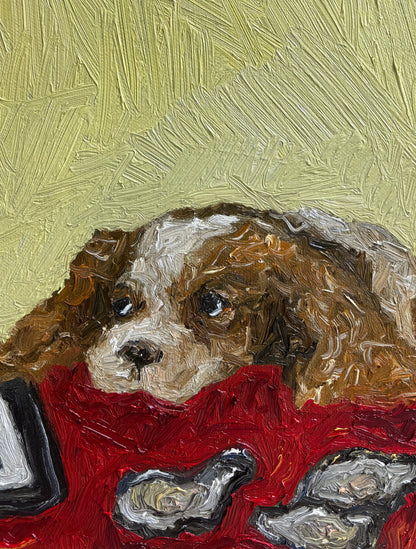 The Oysters, in Fact, Were Not $1 by Leah Boyd is a charming signed original oil painting of a brown and white dog resting on a red blanket with textured yellow and green background—perfect canvas art for any space.