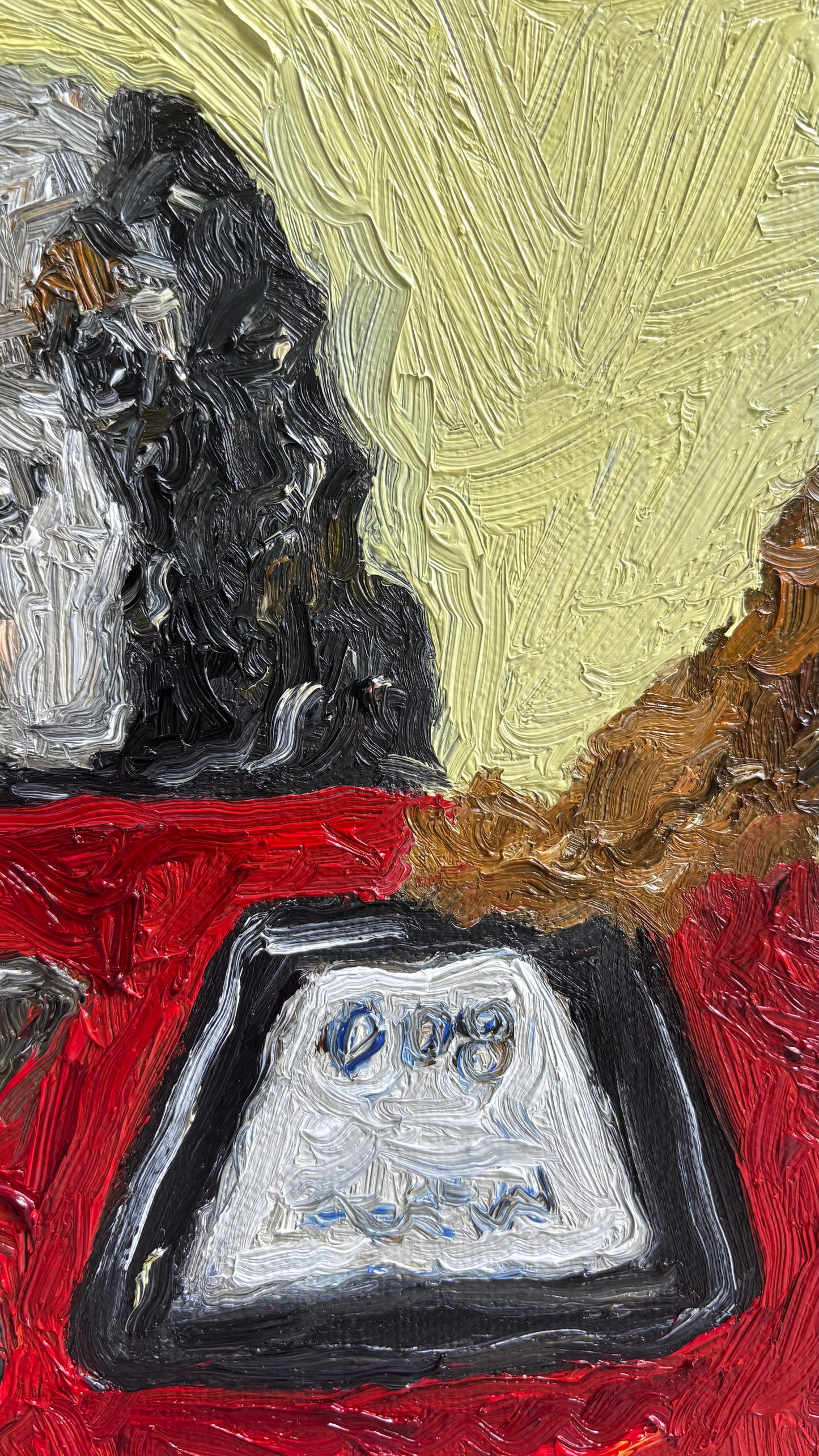 Close-up of Leah Boyd's signed oil painting "The Oysters, in Fact, Were Not $1," featuring a rectangular digital device with numbers on its screen atop a red surface; abstract shapes and bold brushstrokes animate the background.