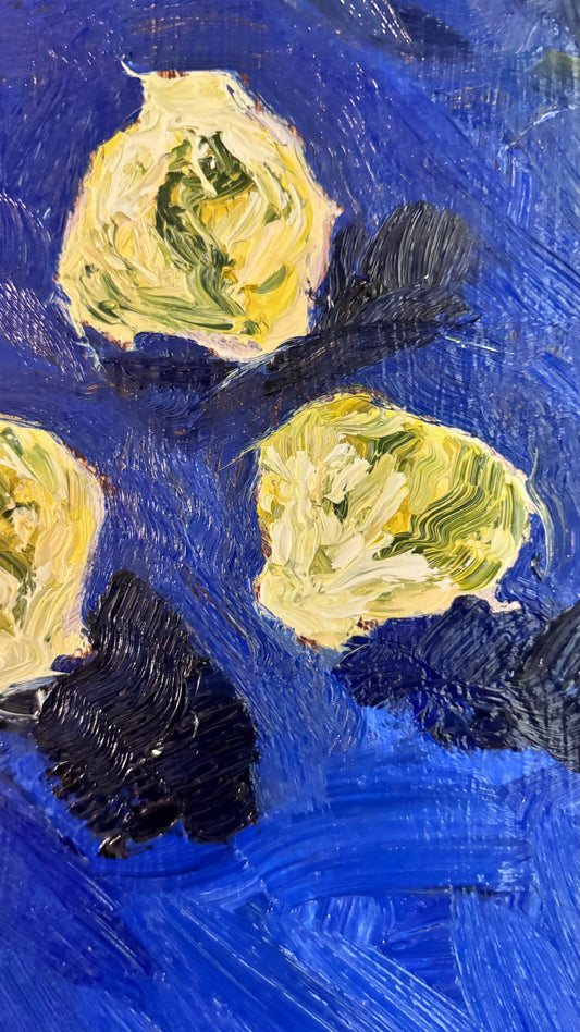 Leah Boyd’s "Gurgle Fish and Greens" is an original oil painting on cradled wood panel, featuring brussel sprouts with textured brushstrokes set against a vivid blue and purple background with dark shadows.