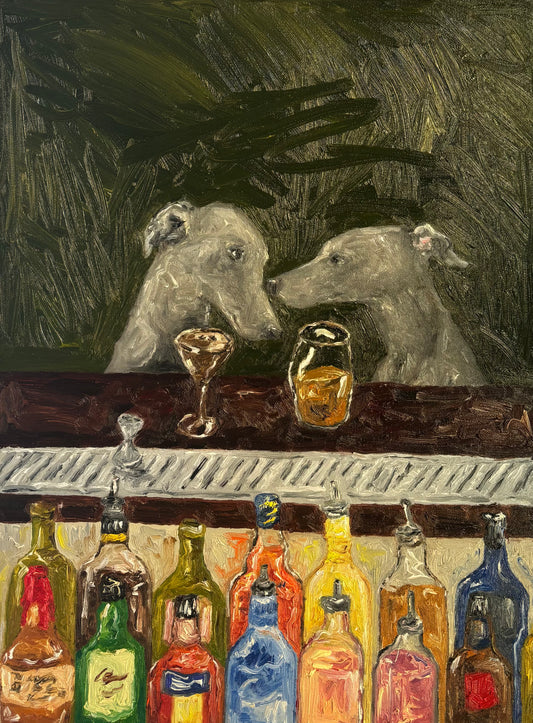 Bar Scene by Leah Boyd features two grey dogs at a bar with drinks, colorful bottles, and a dark green abstract background. This expressive original oil painting is ideal for unique bar scene art lovers.