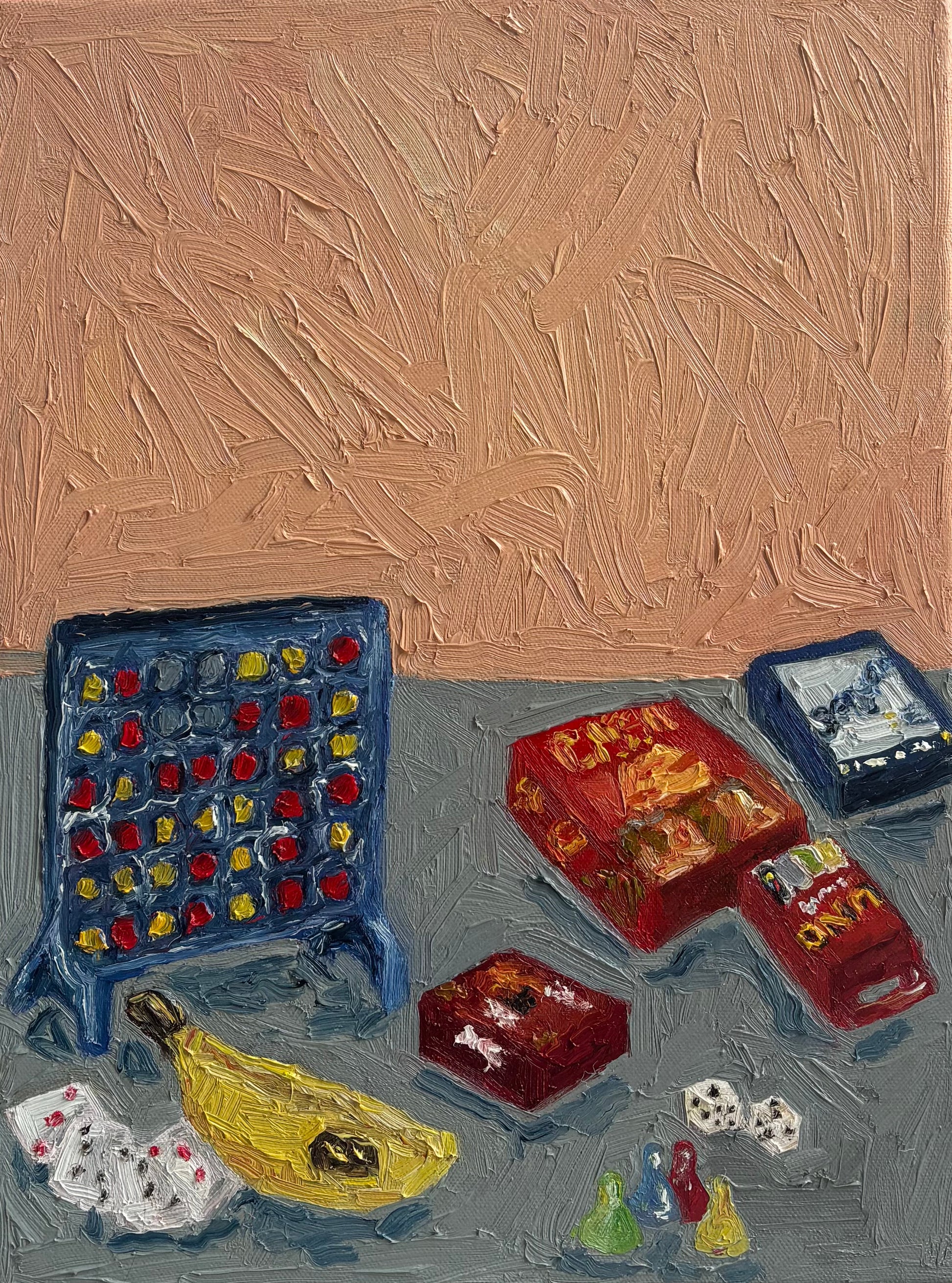 Leah Boyd's "Don't Let the Kids Win" is an original oil painting depicting classic board games—Connect Four, UNO, cards, dice, and more—with a banana on a table against a textured pinkish wall. Includes a certificate of authenticity.