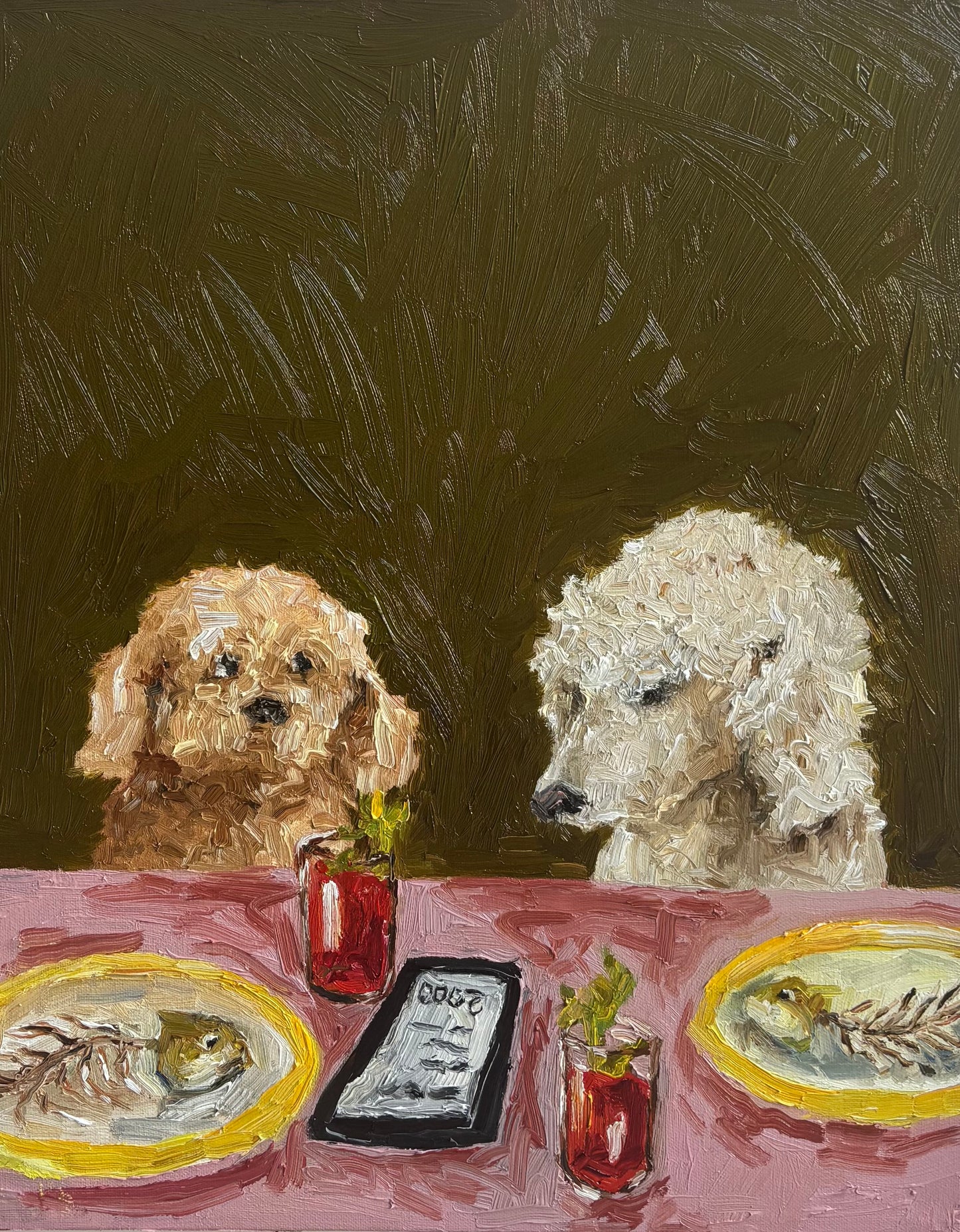 Two fluffy dogs sit at a table with fish, drinks, and a smartphone in "Market Price," an expressive original oil painting by Leah Boyd. Ready to hang and comes with a certificate of authenticity.