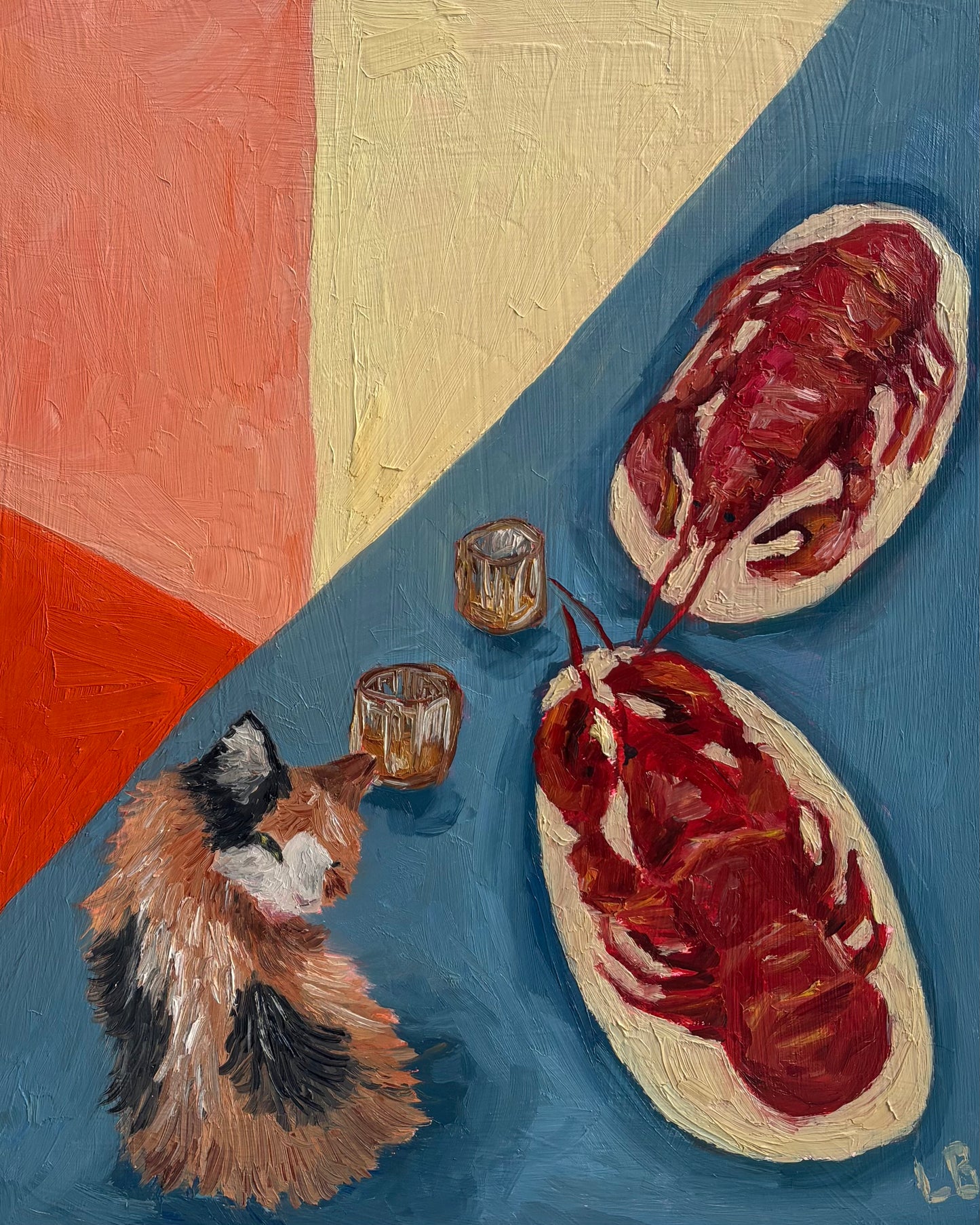 Leah Boyd’s "Whiskers, Whisky, and Lobster" depicts a cat on a blue surface watching two cooked lobsters with small glasses, set against bold blue, orange, and yellow geometric shapes on a cradled wood panel.
