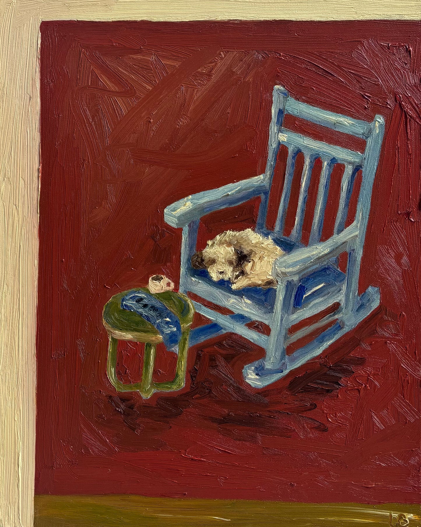 Lazy Afternoon" by Leah Boyd: An original oil painting featuring a small dog napping on a blue rocking chair beside a green table with a cup and plate. The expressive dark red background adds charm. Ready to hang; certificate of authenticity included.