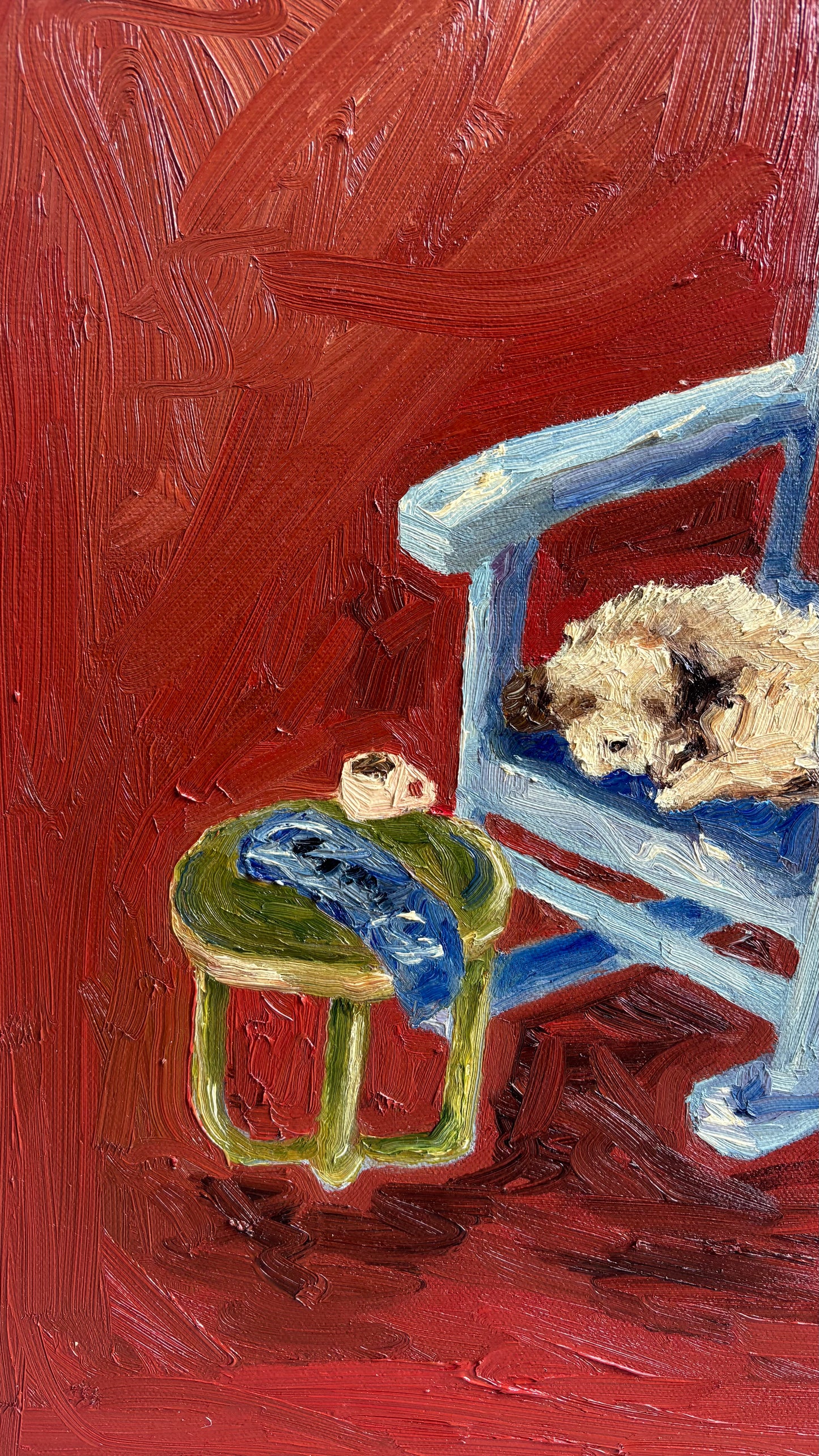 Lazy Afternoon" by Leah Boyd is an original oil painting of a white and brown dog resting on a light blue chair beside a green table with a blue cloth and cup, set against a textured red background. Arrives ready to hang.