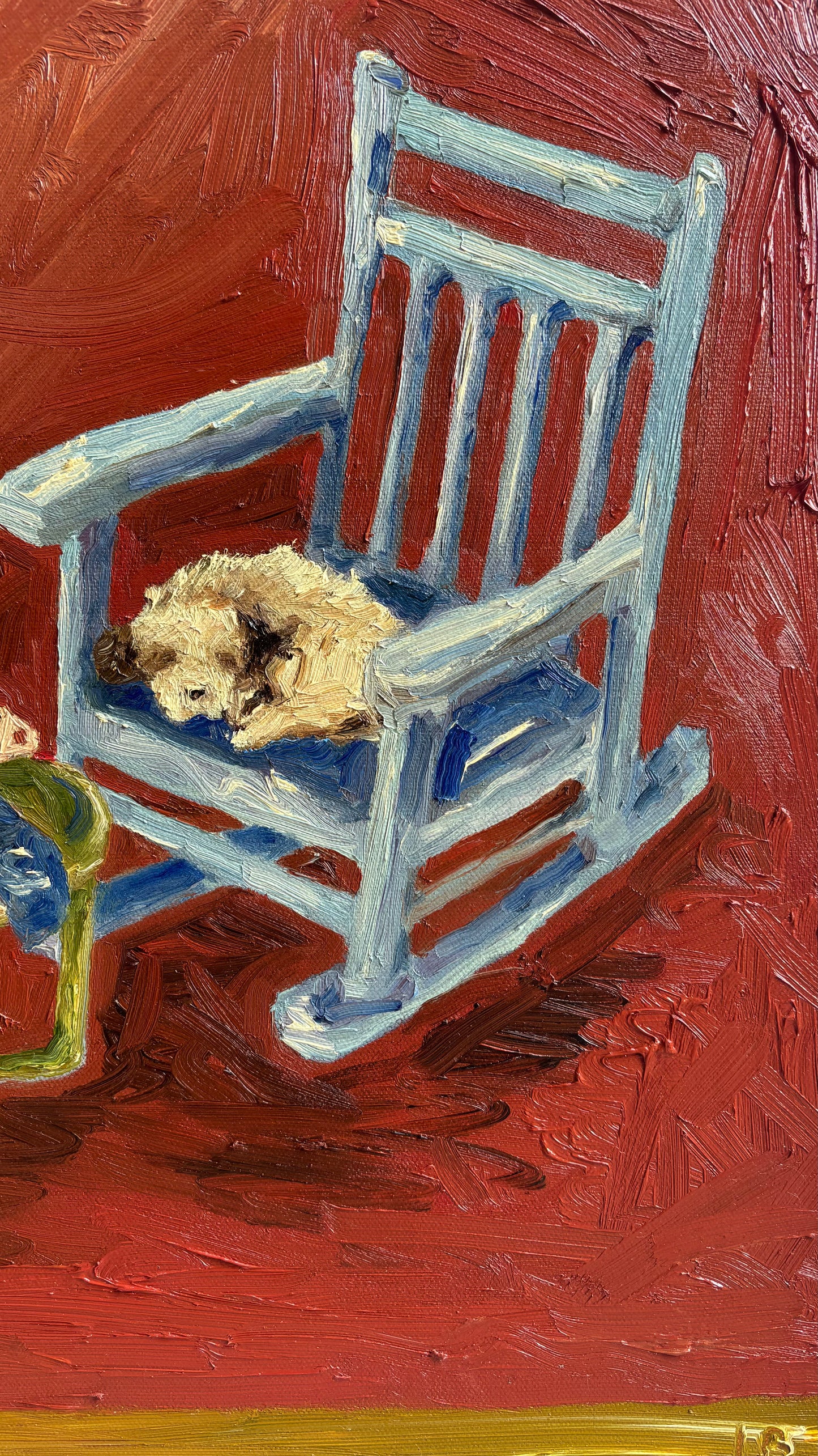 Lazy Afternoon" by Leah Boyd features a small curly-furred dog on a light blue rocking chair, painted in bold brushstrokes against a red backdrop. This original oil painting arrives ready to hang.