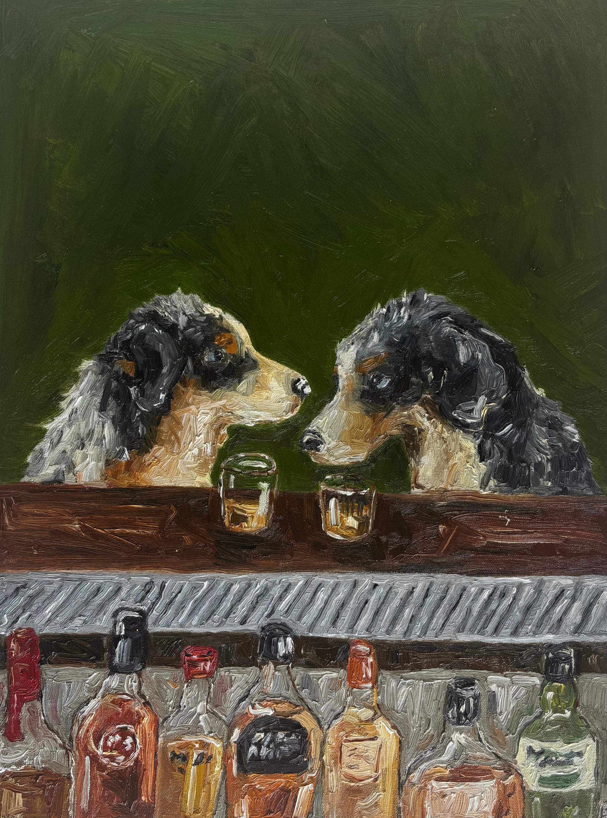 Bar Scene no. 2" by Leah Boyd features two dogs at a bar with drinks and bottles on a textured dark green background. This impressionistic canvas wall art brings charm and character to any space.
