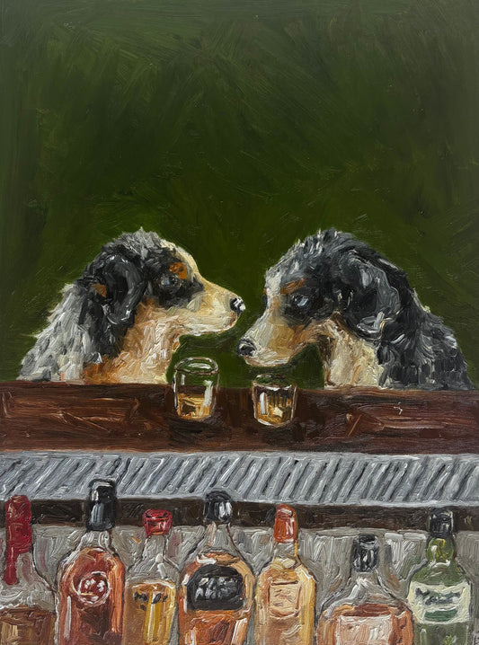 Bar Scene no. 2" by Leah Boyd features two dogs at a bar with drinks and bottles on a textured dark green background. This impressionistic canvas wall art brings charm and character to any space.