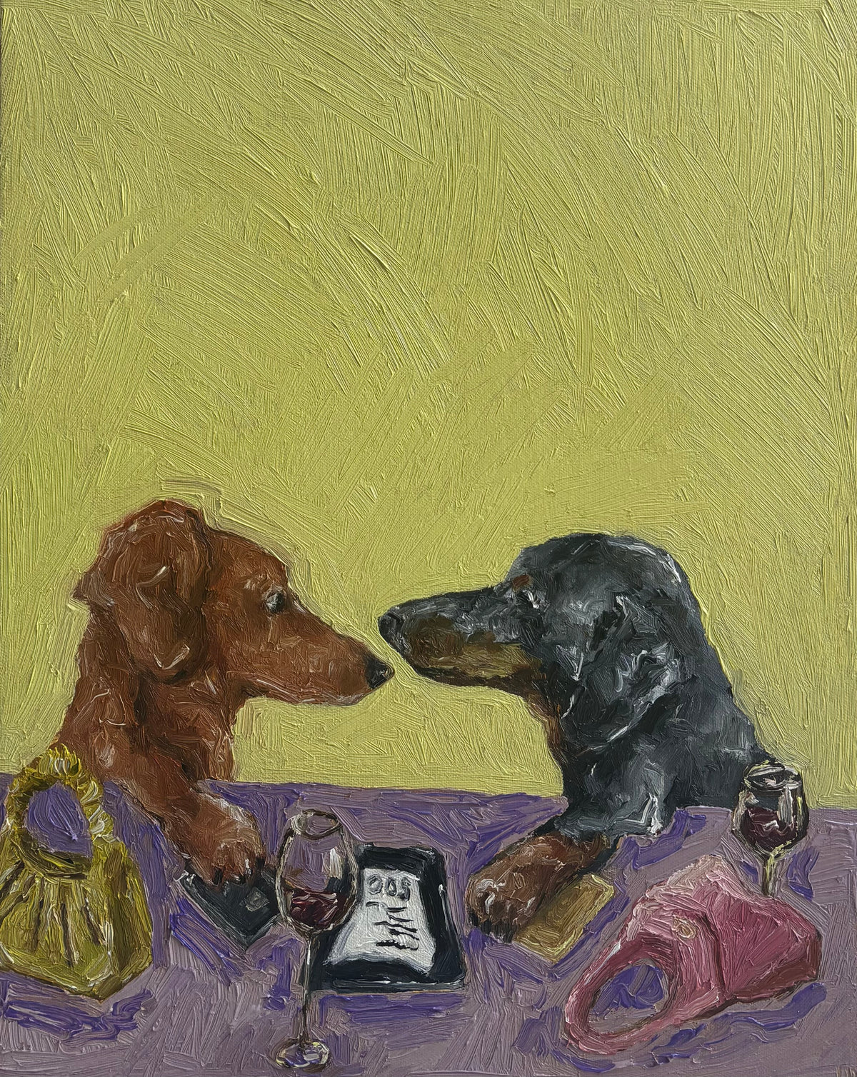 Two dogs sit across from one another at a table, surrounded by wine glasses, a menu, handbags, and a phone, all beautifully rendered in an impressionist style against a vibrant yellow and purple backdrop. "I Insist" is an original oil painting by Leah Boyd that arrives ready to hang and comes with a certificate of authenticity for your peace of mind.