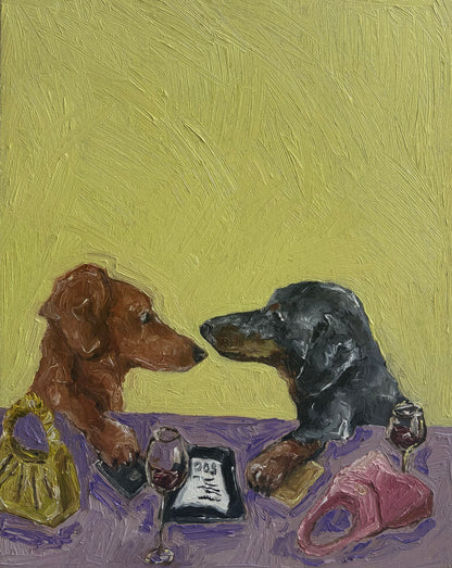 Two dogs sit across from one another at a table, surrounded by wine glasses, a menu, handbags, and a phone, all beautifully rendered in an impressionist style against a vibrant yellow and purple backdrop. "I Insist" is an original oil painting by Leah Boyd that arrives ready to hang and comes with a certificate of authenticity for your peace of mind.
