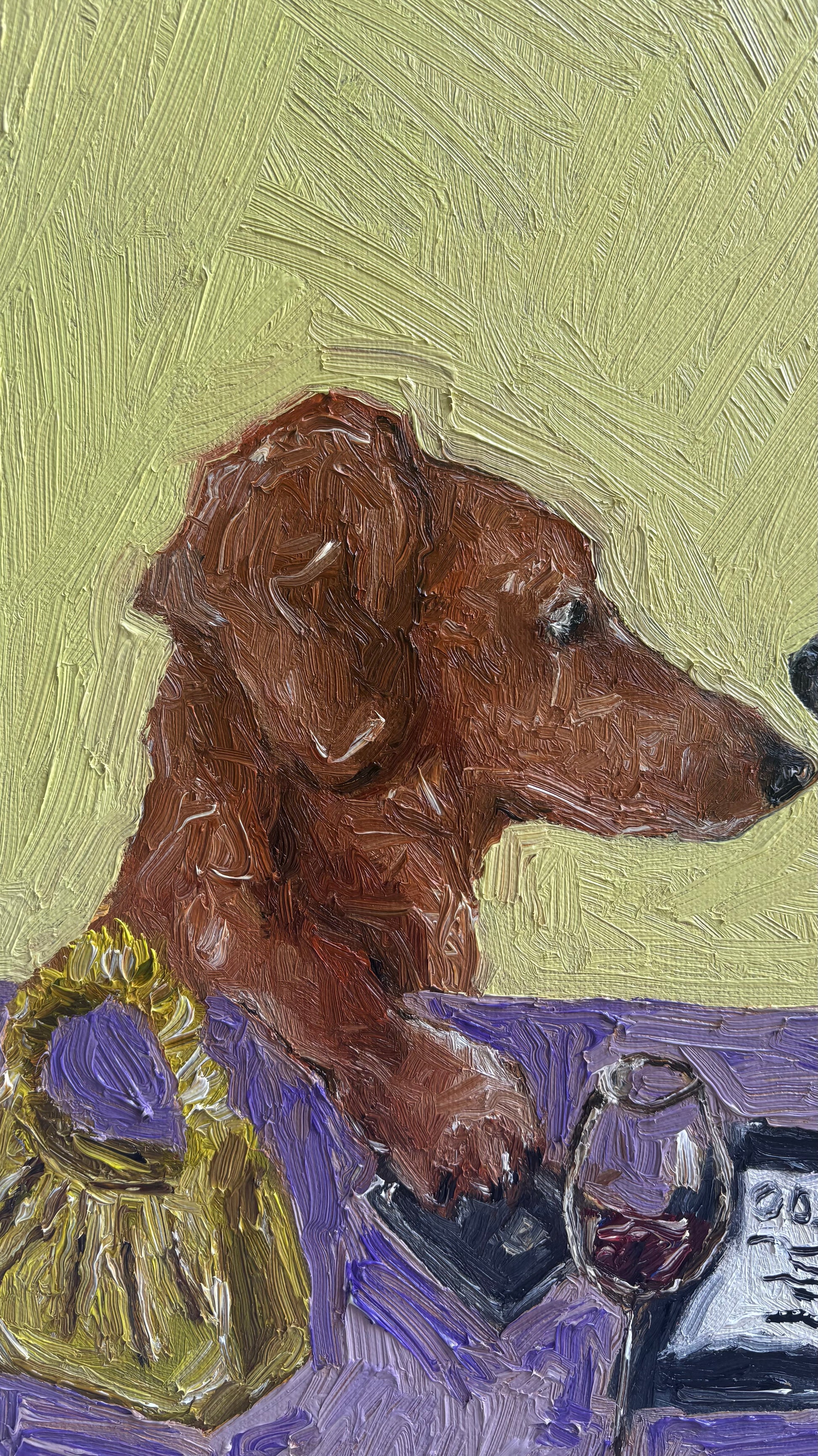 I Insist" by Leah Boyd is a textured original oil painting featuring a brown dachshund seated at a table with a yellow purse, a glass of red wine, and what appears to be a receipt against a vibrant yellow background. This charming artwork is ready to hang and includes a certificate of authenticity.