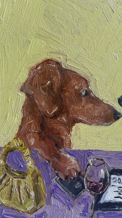 I Insist" by Leah Boyd is a textured original oil painting featuring a brown dachshund seated at a table with a yellow purse, a glass of red wine, and what appears to be a receipt against a vibrant yellow background. This charming artwork is ready to hang and includes a certificate of authenticity.
