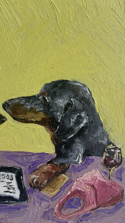 I Insist" by Leah Boyd is an original oil painting showcasing a black and brown dog sitting at a purple table, wearing a pink harness, with a drink and a phone displaying 2:05, all set against a vibrant yellow background. This ready-to-hang artwork includes a certificate of authenticity.