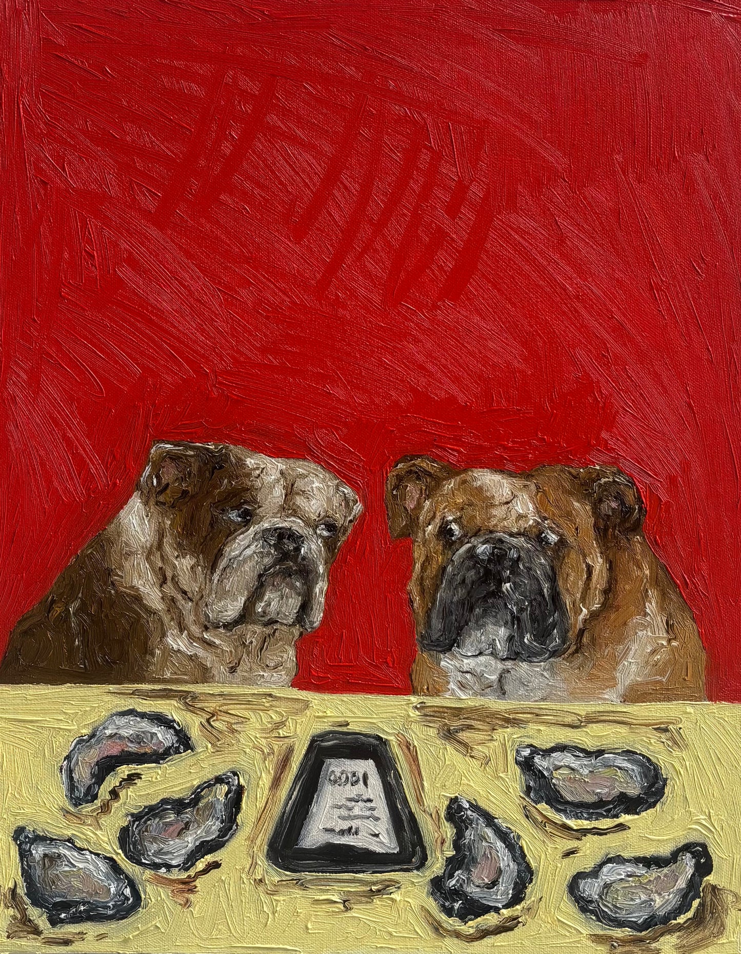 ‘$1 Oysters Ended at 6’ by Leah Boyd features two bulldogs seated at a table with six oysters and a lemon wedge atop a yellow surface, set against a vivid red background. This expressive, textured original oil painting comes ready to hang and includes a certificate of authenticity.