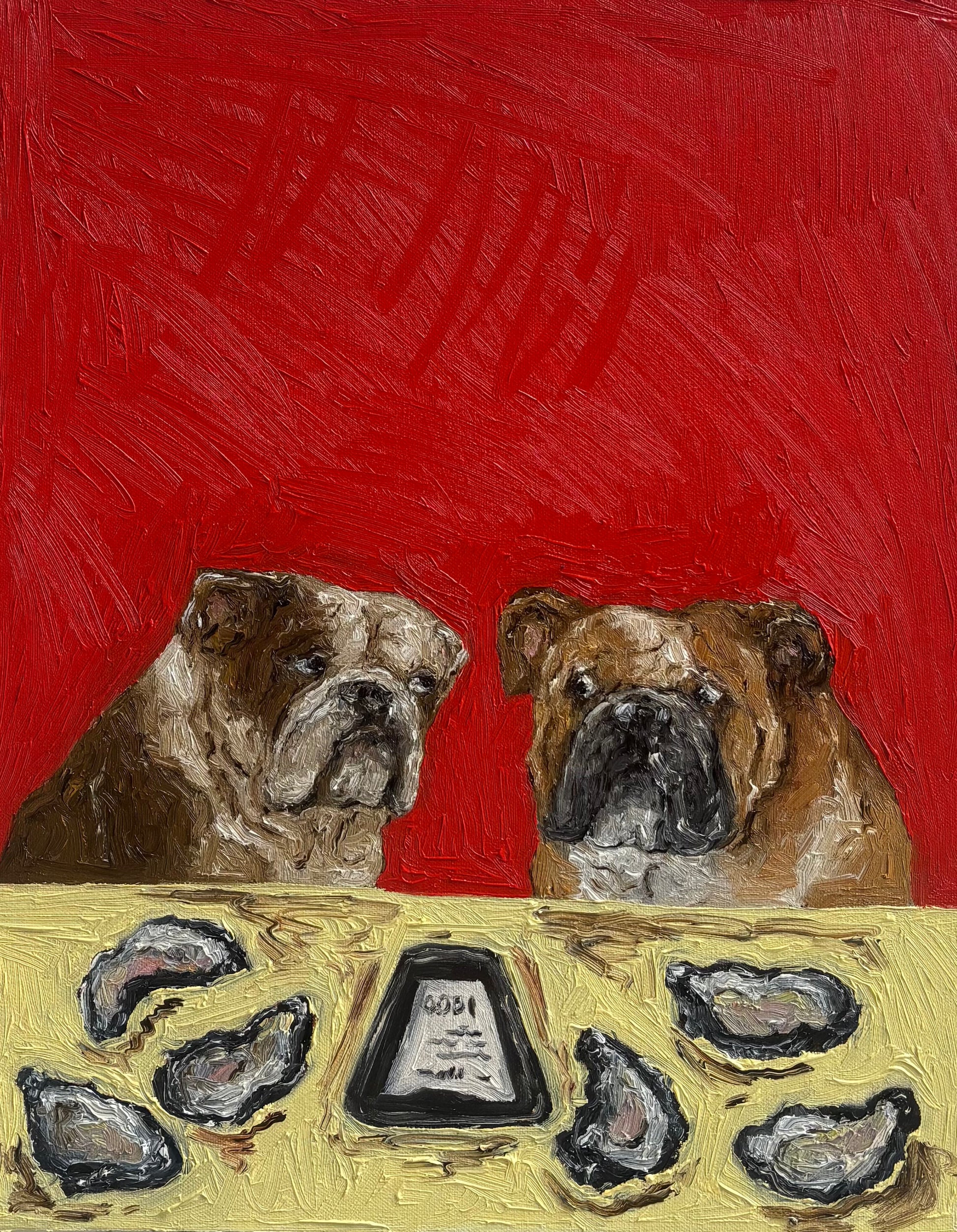 ‘$1 Oysters Ended at 6’ by Leah Boyd features two bulldogs seated at a table with six oysters and a lemon wedge atop a yellow surface, set against a vivid red background. This expressive, textured original oil painting comes ready to hang and includes a certificate of authenticity.