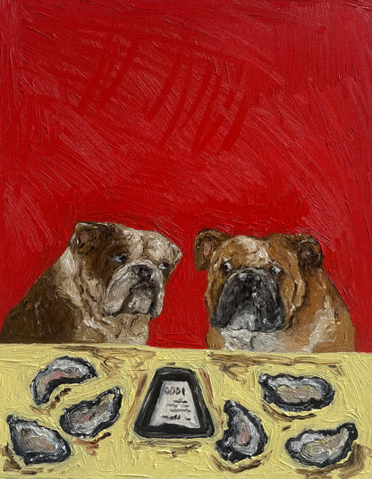 ‘$1 Oysters Ended at 6’ by Leah Boyd features two bulldogs seated at a table with six oysters and a lemon wedge atop a yellow surface, set against a vivid red background. This expressive, textured original oil painting comes ready to hang and includes a certificate of authenticity.