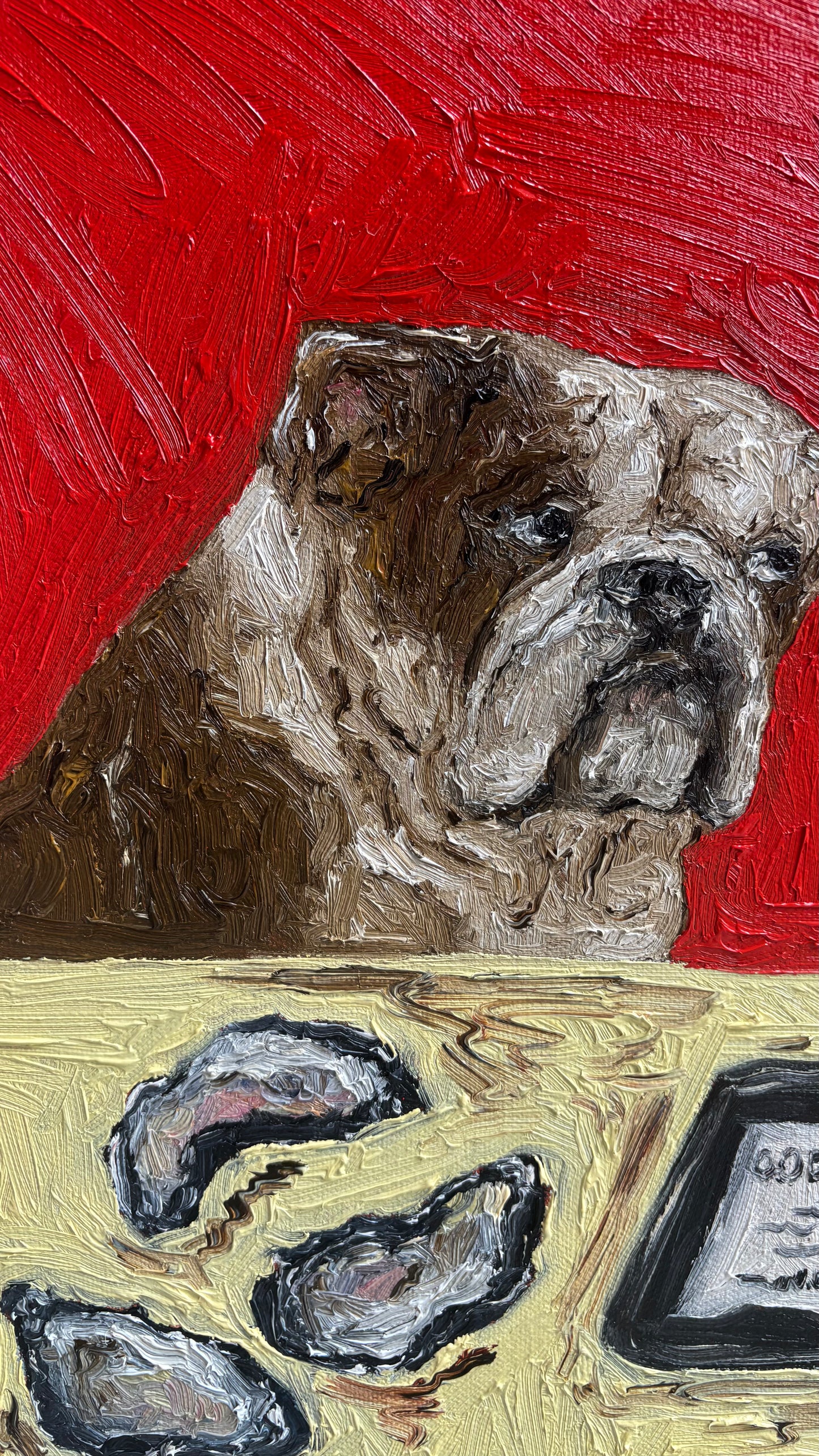 A textured original oil painting by Leah Boyd titled "$1 Oysters Ended at 6" depicts a brown bulldog sitting behind a table adorned with oyster shells and a small rectangular object, all set against a vivid red background. This artwork comes ready to hang and includes a certificate of authenticity.