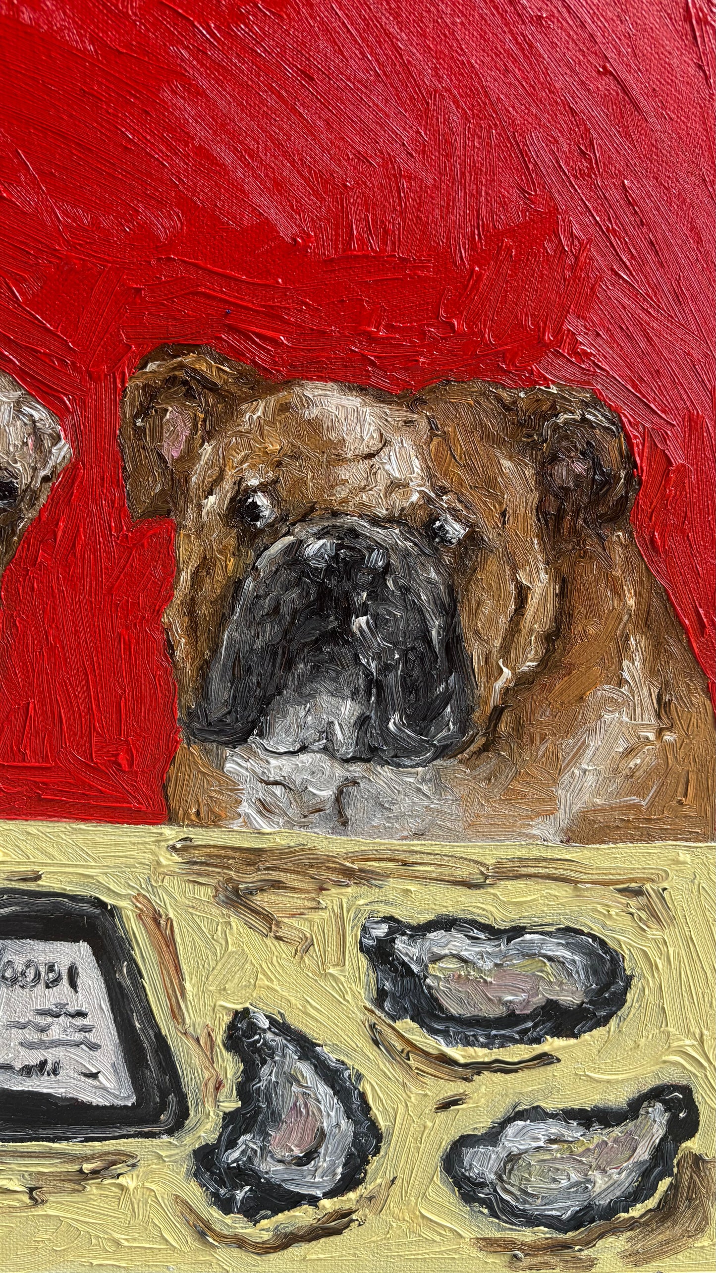 A painted bulldog sits at a yellow table with four opened oysters on it, set against a vivid red background in "$1 Oysters Ended at 6," an original oil painting by Leah Boyd. This artwork comes ready to hang and includes a certificate of authenticity.