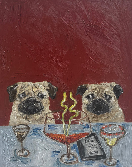 Two pugs sit at a table with various drinks and a small black menu amid a deep red background in Leah Boyd’s "Who’s Driving?" This textured, expressive canvas art resembles an original oil painting, capturing each detail vividly. It's a unique and charming piece that makes an eye-catching addition to any space.